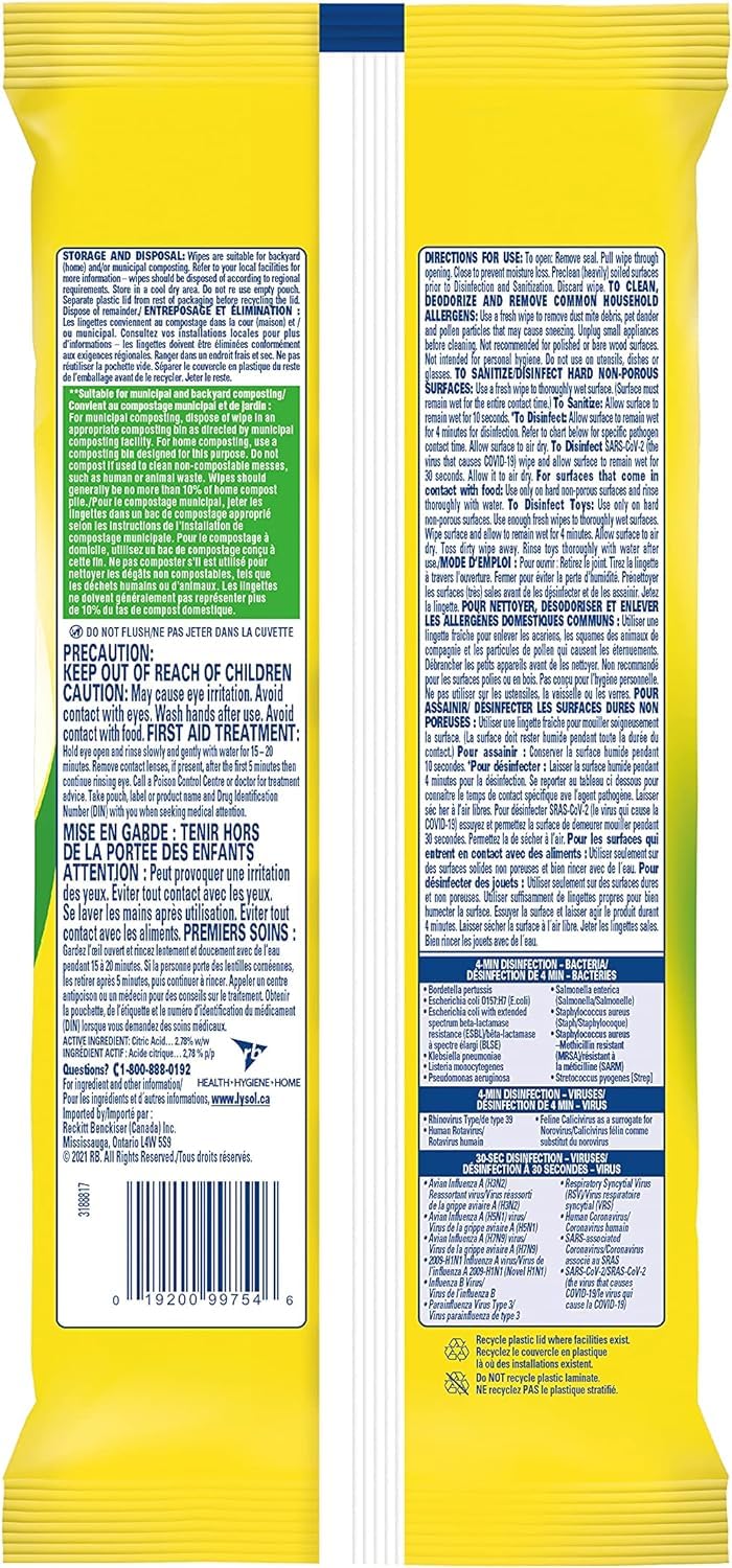 Eco-Friendly LysoI' Disinfecting Wipes - Biodegradable & Antibacterial (2-Pack, 168 Wipes Total, Citrus Scent) for Home, Office & Travel Use