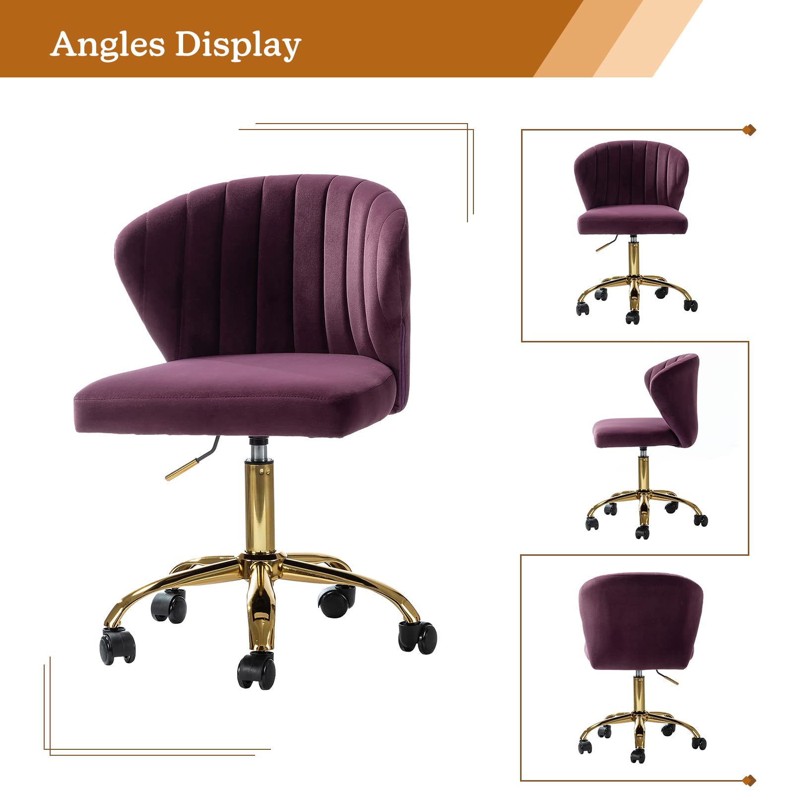 TINA'S HOME Modern Velvet Office Chair with Wheels & Gold Base - Adjustable Low Back Swivel Rolling Task Chair for Home Office, Living Room, Vanity & Study (Purple) - Ergonomic Armless Design for Comfortable Workspace & Study Sessions