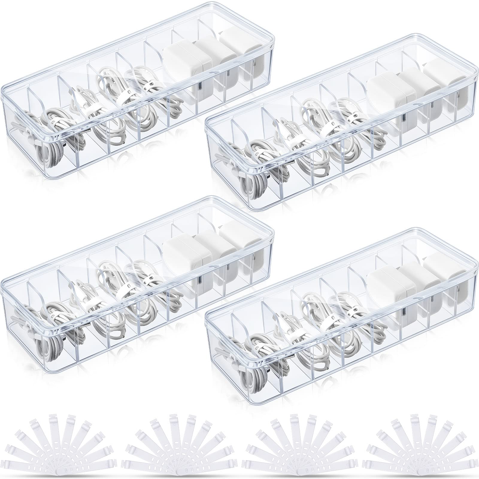 Tatuo 4-Piece Clear Plastic Cable Organizer Set with 40 Wire Ties & Lid - Cord Storage Box for Home Office Desk Organization - Perfect for Managing Computer Wires, Phone Chargers & Electronic Accessories