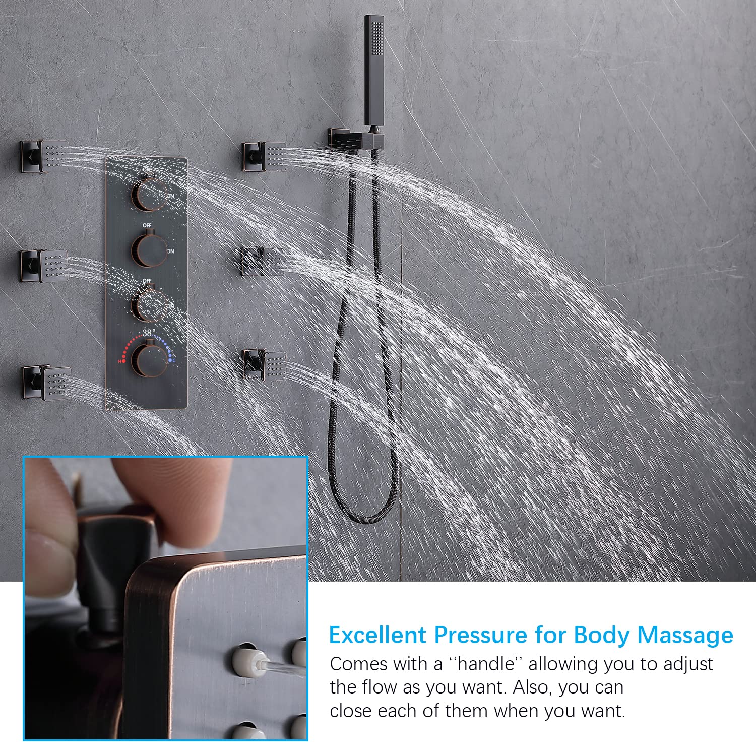 Premium Thermostatic Brass Shower System - Rainfall Shower Head, Body Jets & Handheld Wand in Oil Rubbed Bronze | Luxury Bathroom Upgrade for Spa-Like Experience at Home