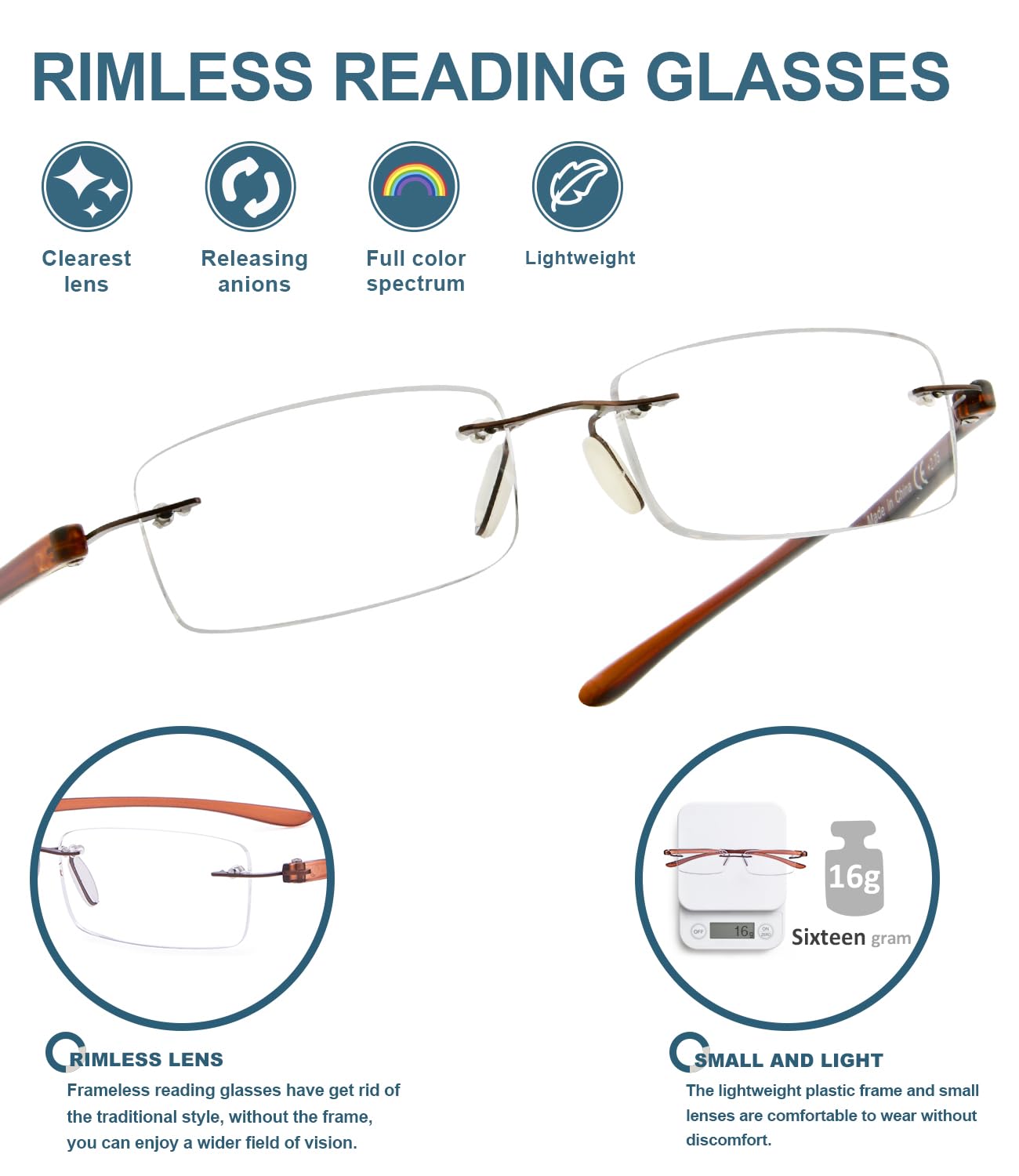 BLUELESS Rimless Reading Glasses for Men & Women - Lightweight Small Frame Readers with Spring Hinges (Brown) - Perfect for Reading, Computer Work & Office Use
