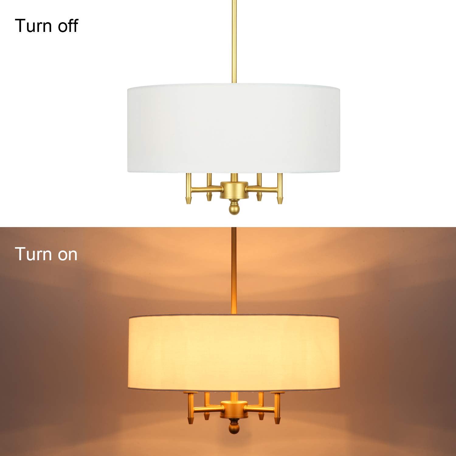 Modern 4-Light Chandelier with White Linen Drum Shade - Antique Brass Finish - Elegant Ceiling Light Fixture for Dining Room, Living Room, Kitchen Island & Foyer | Perfect for Home Decor, Wedding Venues & Restaurant Lighting