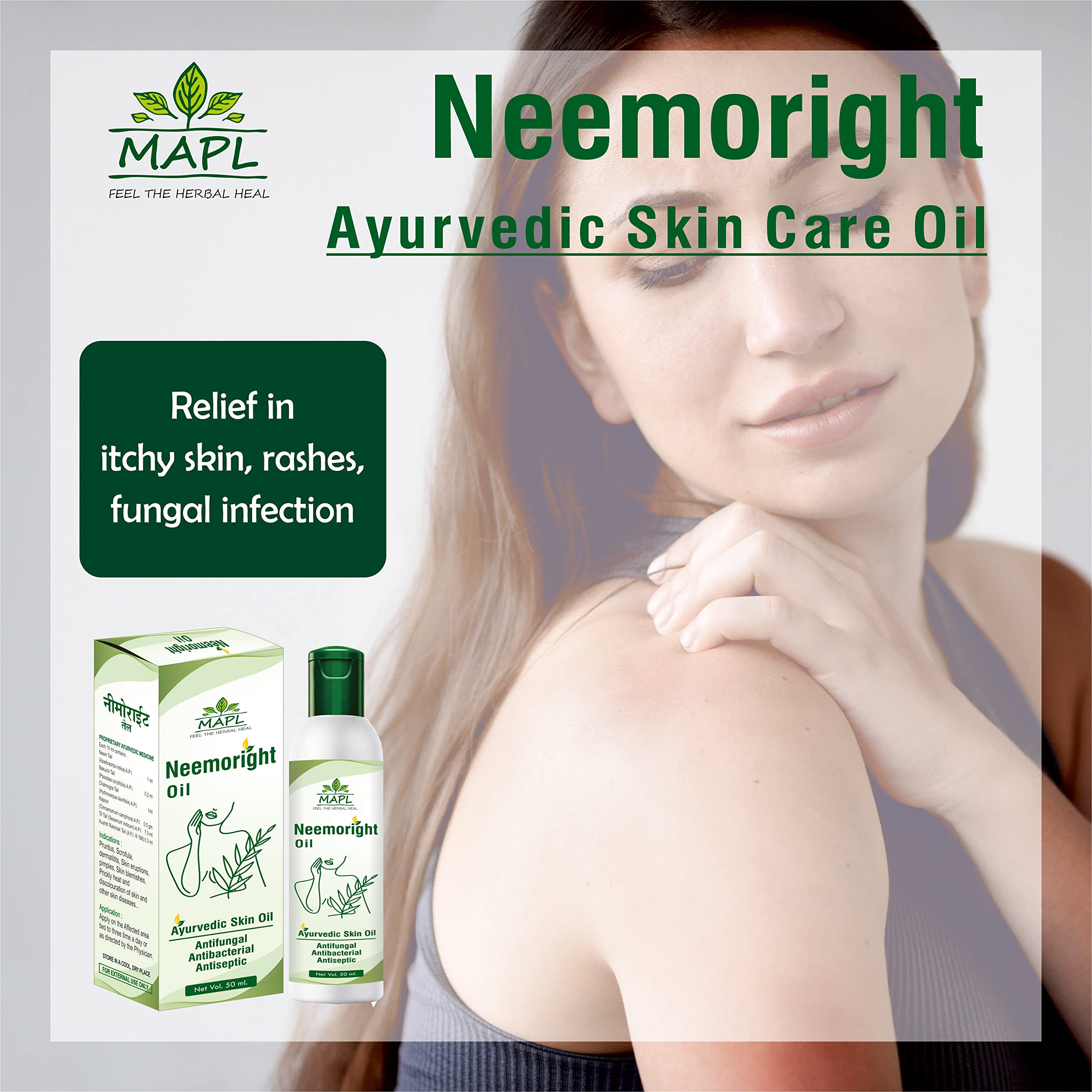 MAPL Ayurvedic Neemoright Oil for Scars & Blemishes - 100% Natural Cold Pressed Neem Oil for Skin Care, Anti-Fungal Treatment & Itch Relief (50ml) | Perfect for Acne, Eczema & Daily Skin Nourishment