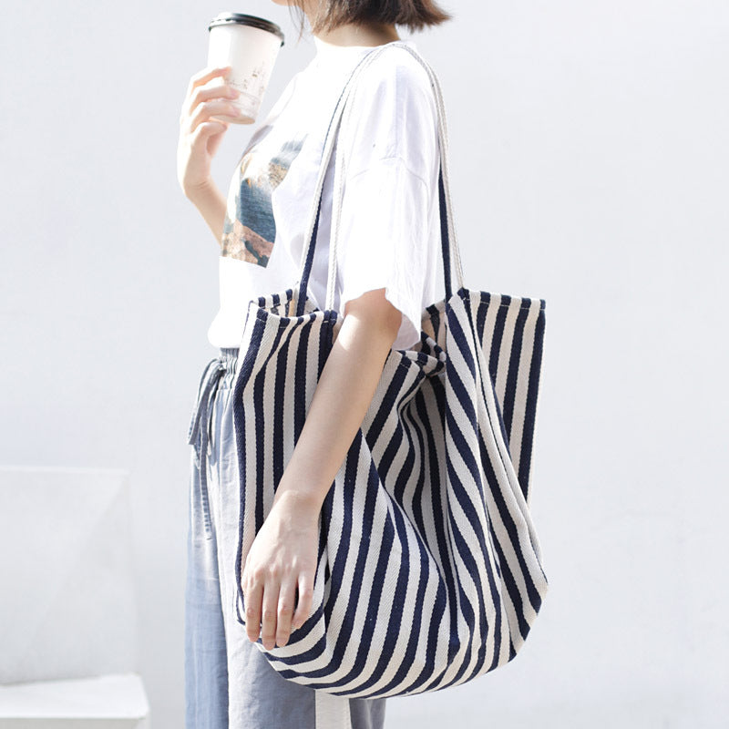 Stylish Striped Canvas Tote Bag for Women - Large Capacity Fashion Shoulder Bag - Durable Casual Shopping Tote - Perfect for Groceries, Beach Trips & Daily Essentials
