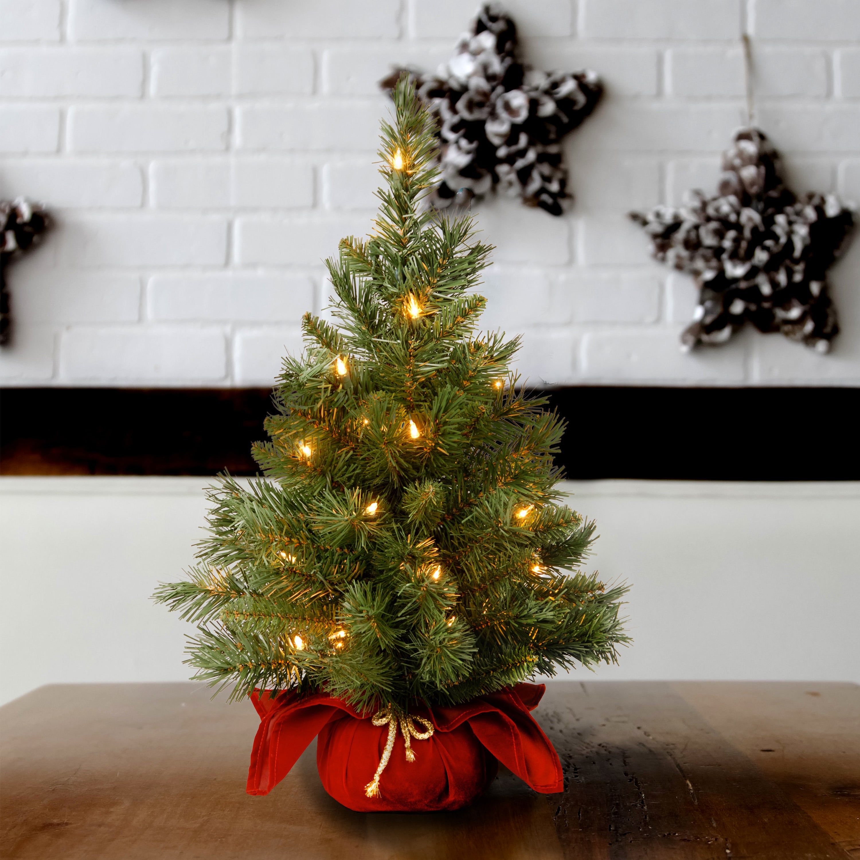 2 ft Pre-Lit Majestic Fir Artificial Christmas Tree with Clear Lights & Burgundy Base - Perfect for Home, Office, and Holiday Decorations
