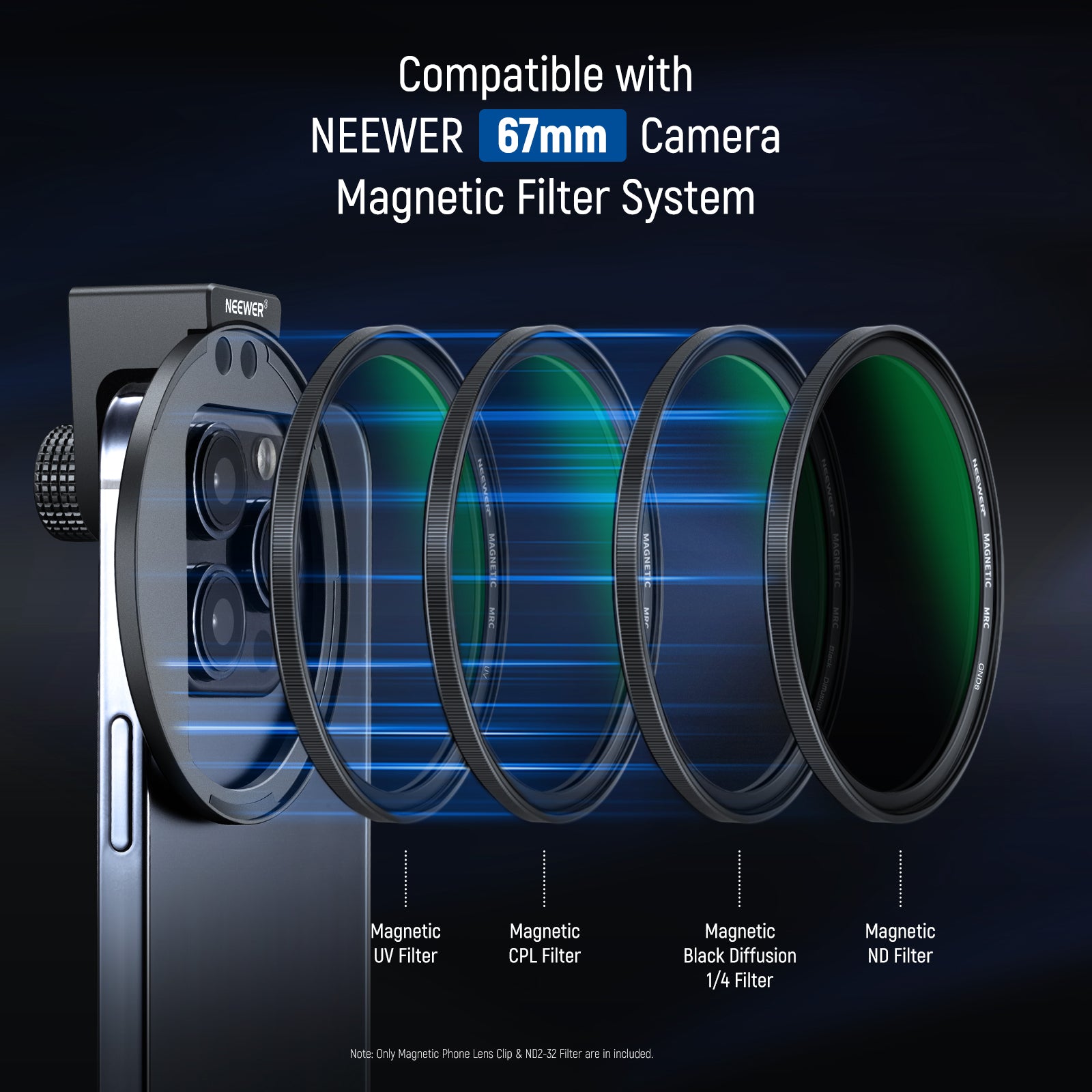 NEEWER 67mm Clip-On ND2-32 Magnetic Phone Lens Filter Kit for iPhone & Android - Perfect for Vlogging, Photography & Cinematic Video Effects