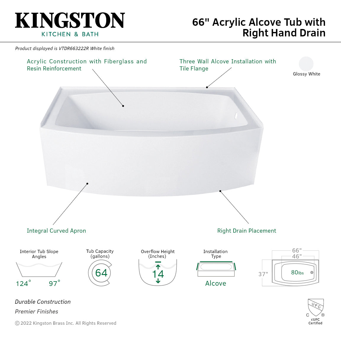 Aqua Eden VTDR663222R 66-Inch Acrylic Curved Rectangular Apron 3-Wall Alcove Bathtub - Right Hand Drain, Glossy White - Perfect for Modern Bathroom Renovations & Spa-Like Relaxation