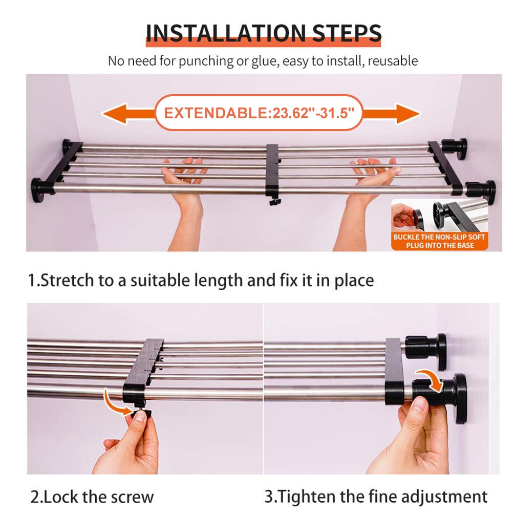 Hershii Expandable Closet Organizer - Adjustable Tension Shelf Rod, Metal Storage Rack for Wardrobe, Kitchen & Bathroom (Black, 23.62-31.5 Inches) - Perfect for Small Spaces & DIY Home Organization
