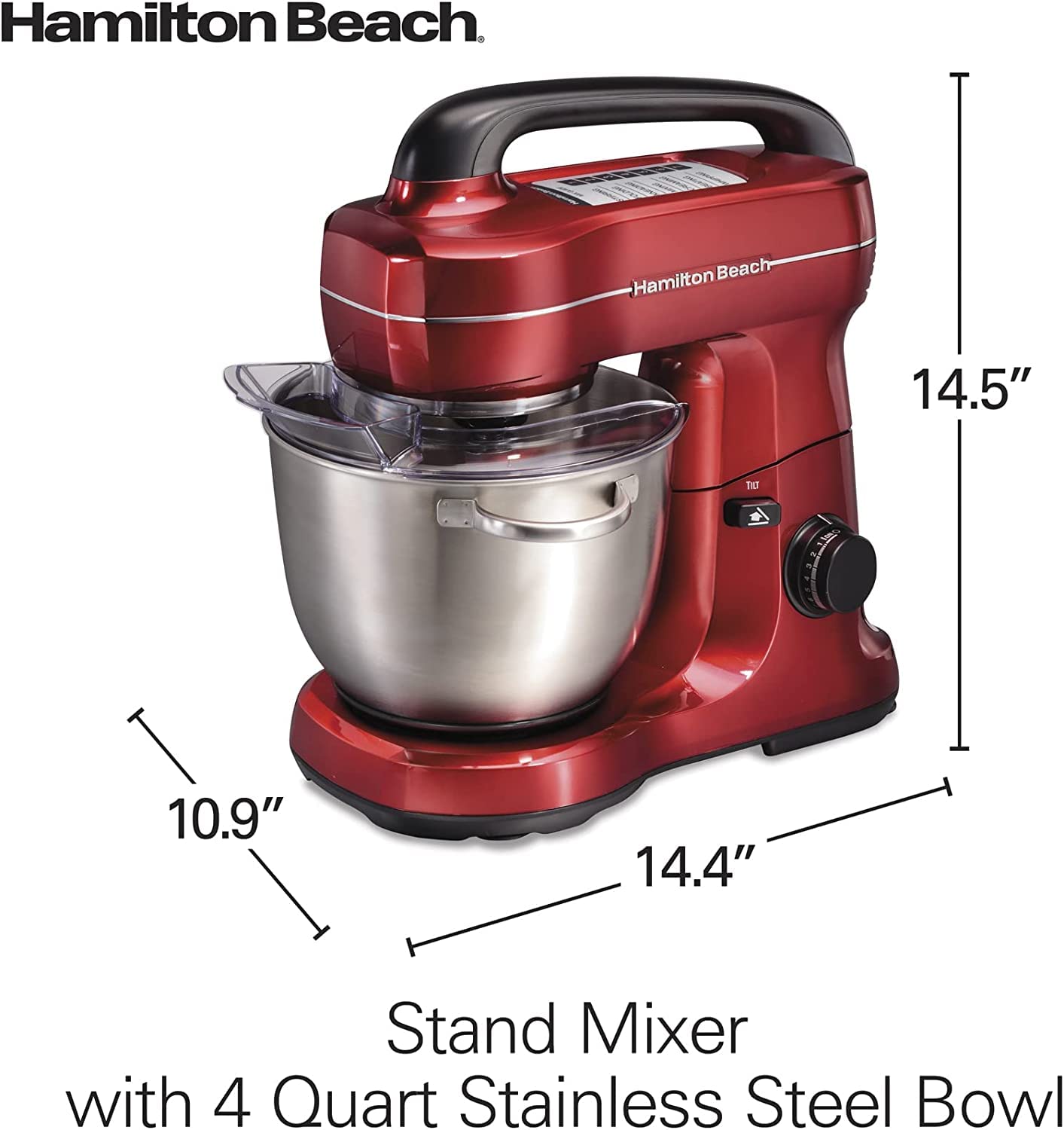 Hamilton Beach 4-Quart Electric Stand Mixer with Dough Hook, Flat Beater & Whisk - 7 Speed Settings & Splash Guard - Perfect for Baking Bread, Cakes & Cookies (Red)