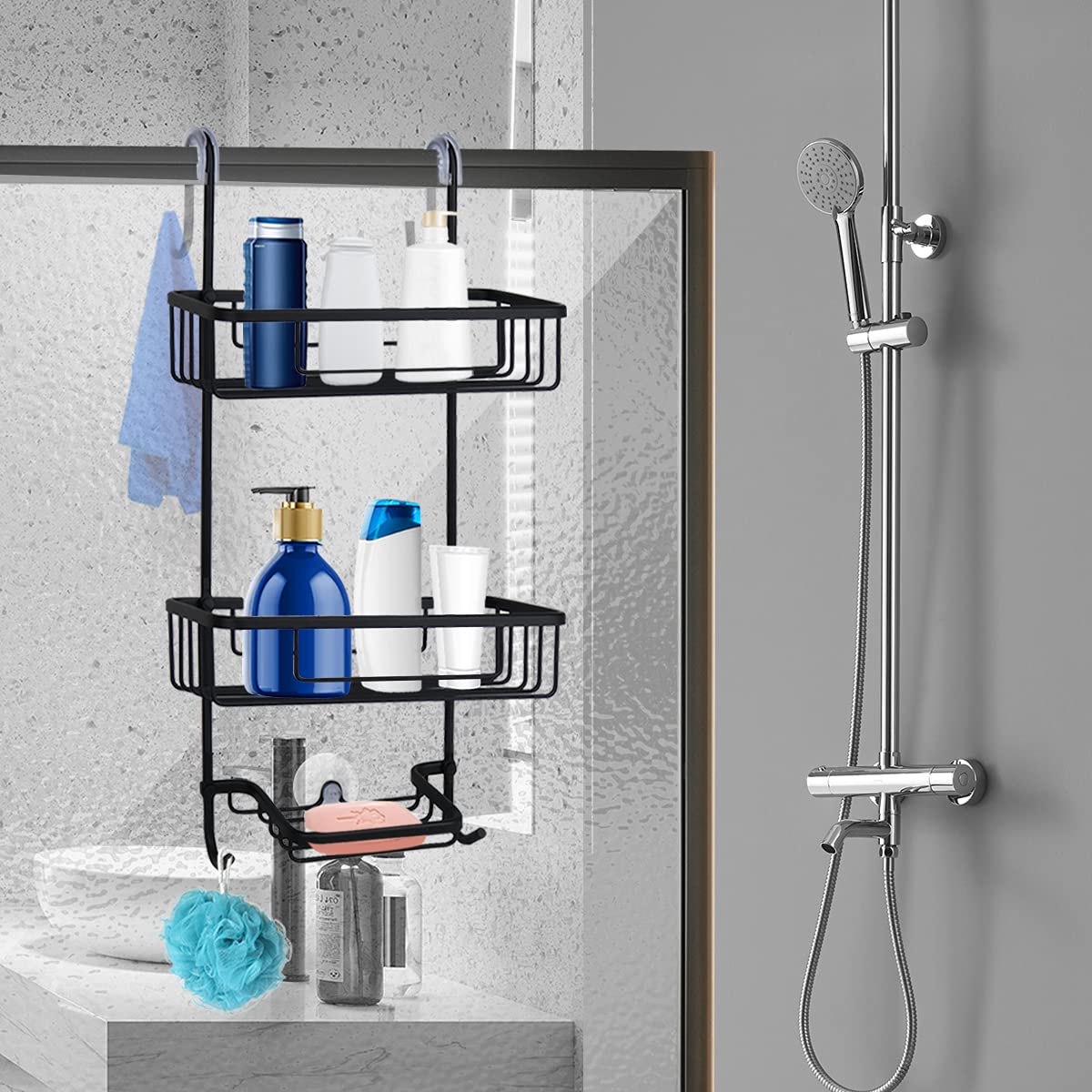 Duwee NeverRust Aluminum Over The Door Shower Caddy - 3-Tier Hanging Bathroom Organizer with Hooks for Shampoo, Conditioner, Razors & Towels (Black) - Space-Saving Shower Storage for Small Bathrooms & Dorm Showers