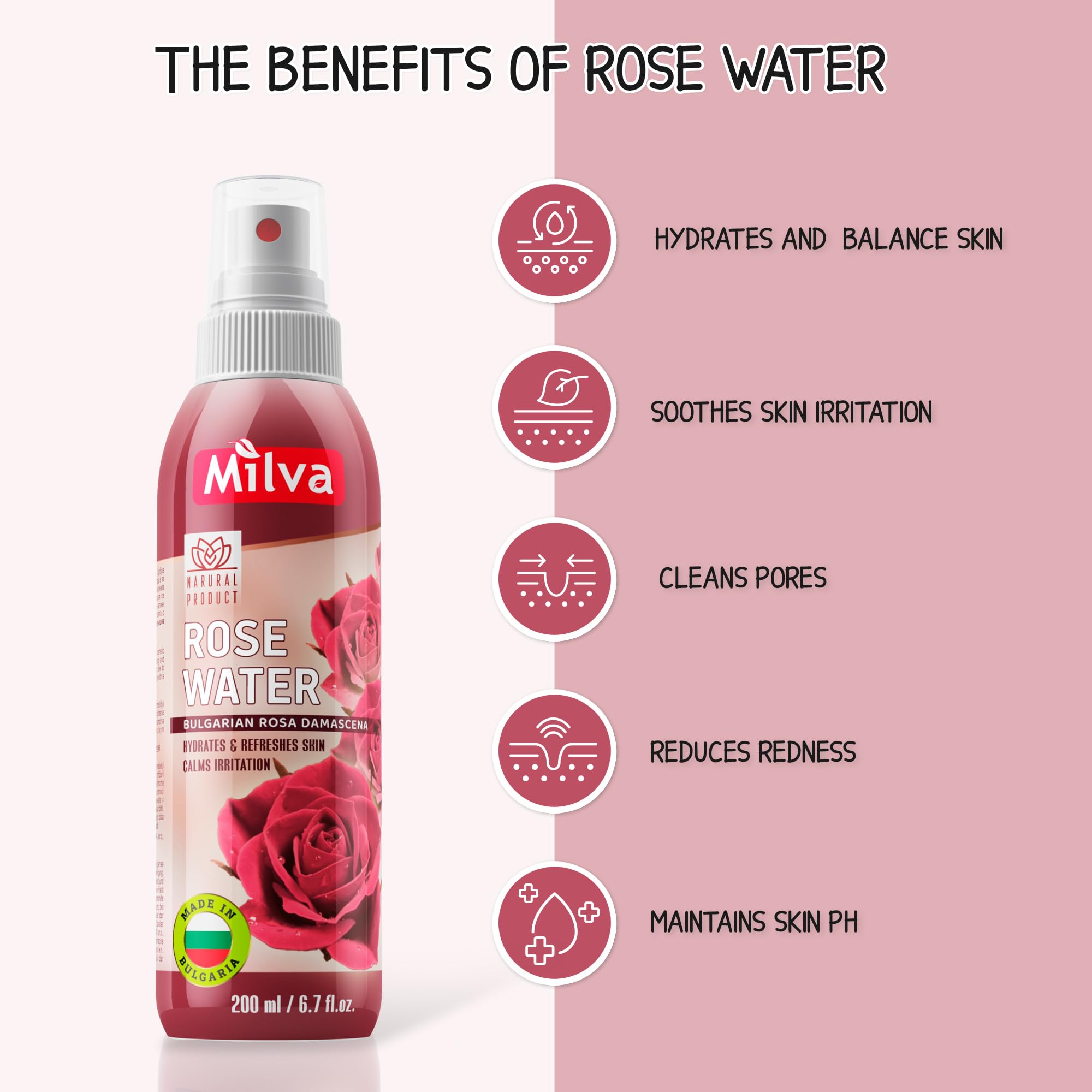 Milva Rose Water Facial Mist with Bulgarian Rose Oil - Alcohol-Free Hydrating Toner & Makeup Remover - Pure Rosewater Spray for Face, Hair & Body Care (200ml) - Perfect for Dry Skin Refreshment & Post-Workout Hydration