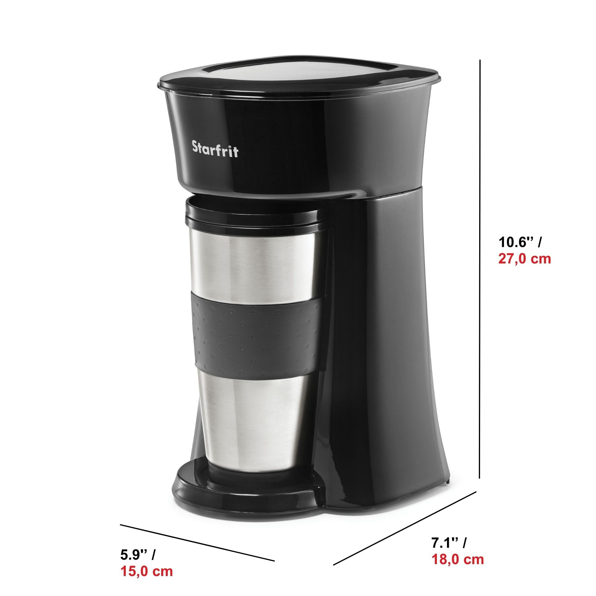 Starfrit Black Single Serve Coffee Maker with Stainless Steel Travel Mug - Perfect for Home, Office, and Travel Use