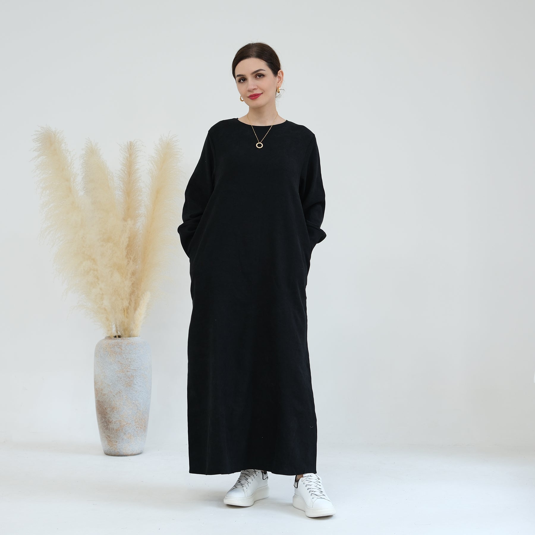 Liliana Women's Black Cold Weather Abaya Dress - Modest Islamic Prayer Dress for Winter, Home & Mosque Wear