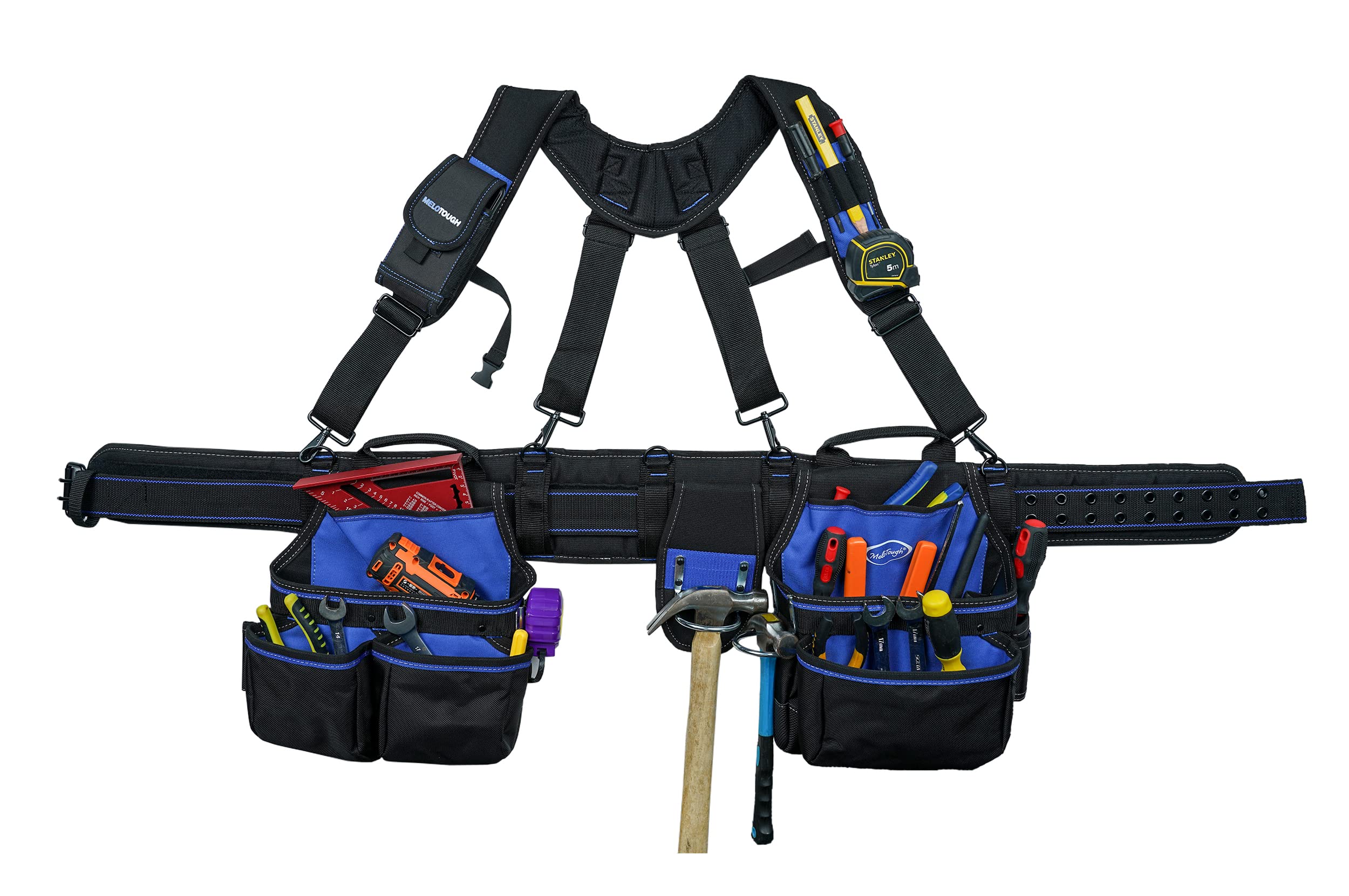 MELOTOUGH Pro Heavy Duty Carpenter Tool Belt with Suspenders - Multi-Function Builder Apron & Pouch Combo System (Blue) - Ideal for Framing, Construction & Woodworking Projects