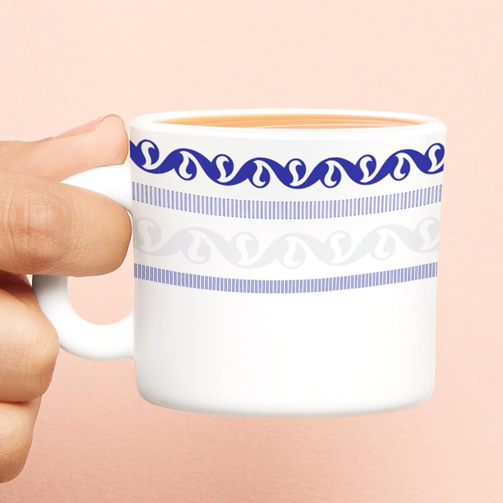 BOROSIL Larah Jazzblue Opalware Coffee Mug Set of 6 (100ml Each) - Microwave & Dishwasher Safe, Bone-Ash Free - Elegant White Tea Cups for Home, Office, Gifts & Daily Use