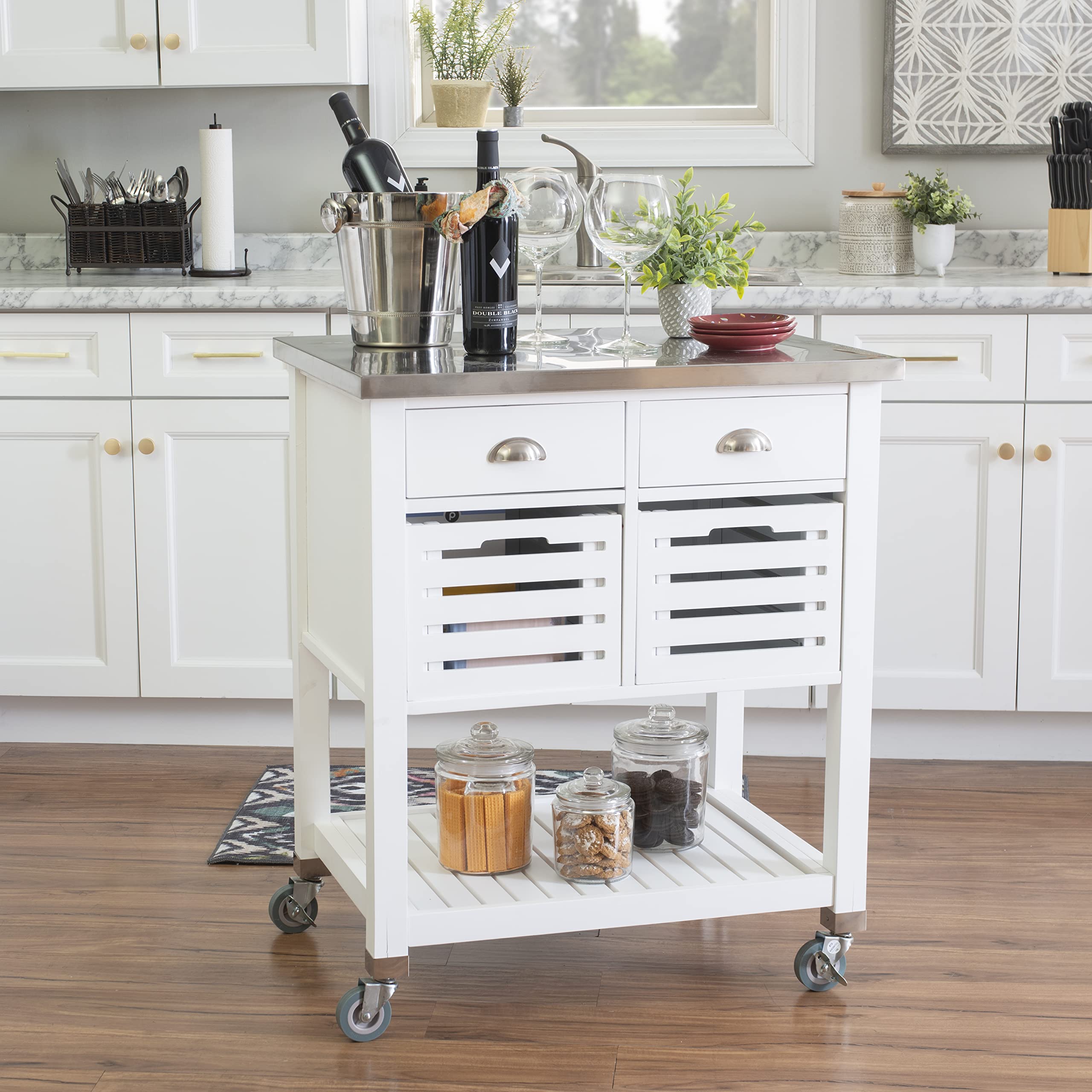Linon Hudson White Kitchen Cart with Wheels - Rolling Kitchen Island for Small Spaces - Perfect for Food Prep, Storage & Serving - Ideal for Apartments, Dorms & Compact Kitchens