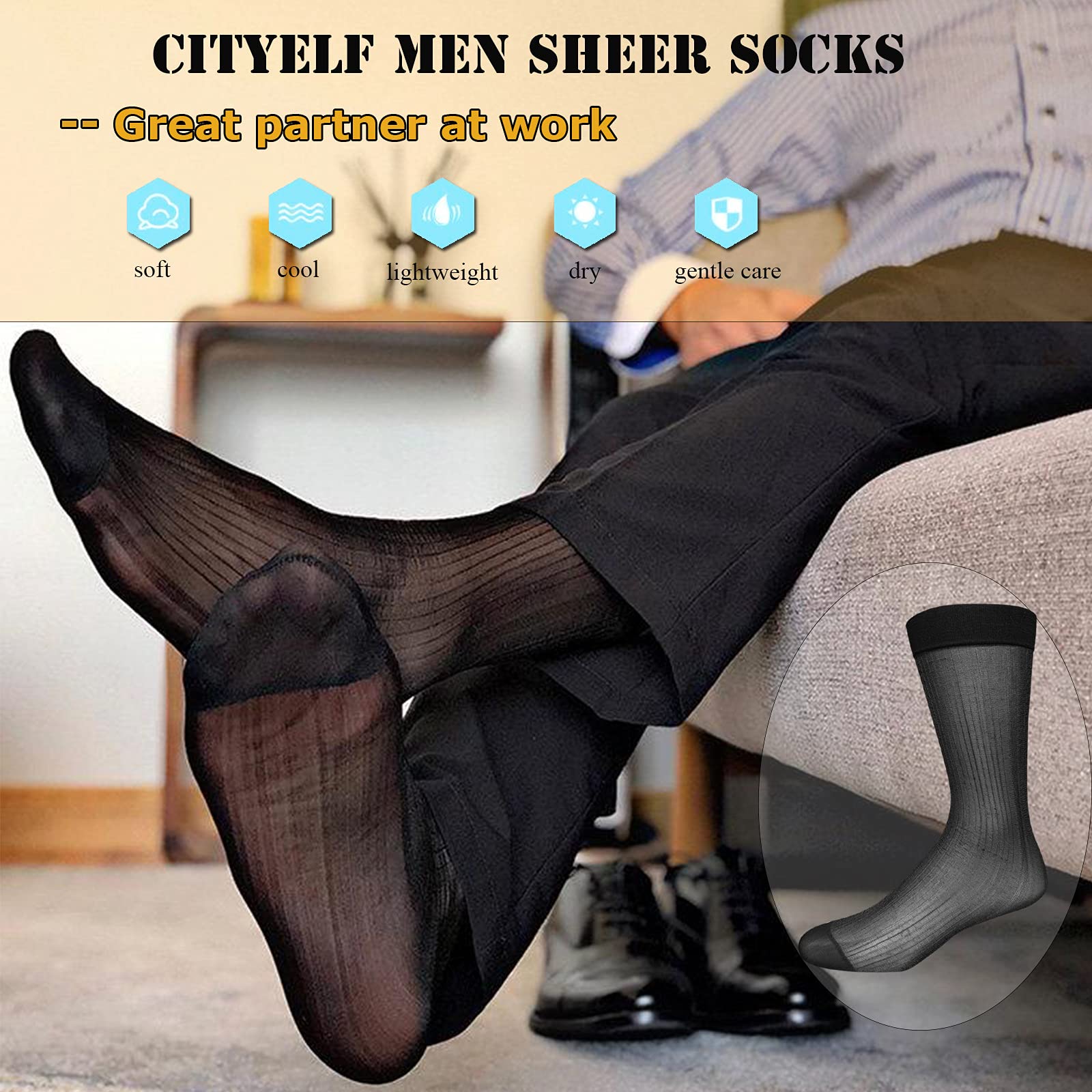 Cityelf 6-Pack Men's Silk Dress Socks - Ultra Thin Nylon Sheer Socks for Business & Formal Wear - Breathable Summer Crew Socks for Office, Wedding & Special Occasions