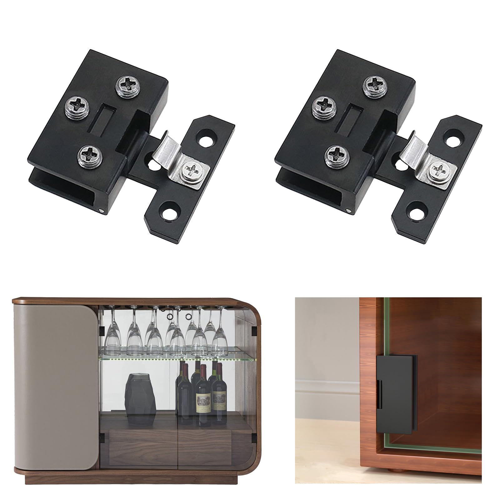 AWEN 2 Pack Black Glass Door Hinges for Cupboard, Showcase & Wine Cabinet - Heavy Duty Replacement Hinges with Clamp - Perfect for Kitchen Cabinets, Display Cases and Bar Furniture