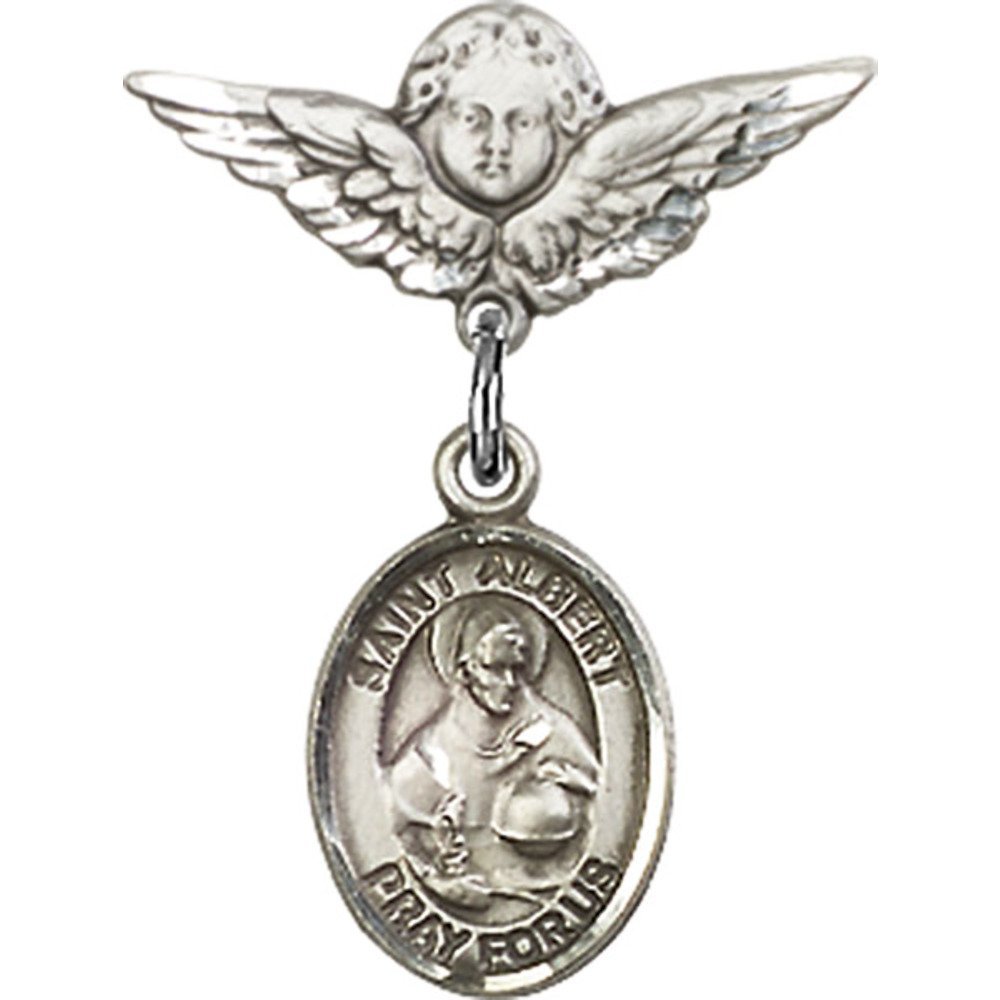 Sterling Silver Baby Badge with St. Albert The Great Charm & Angel Wing Pin - 7/8