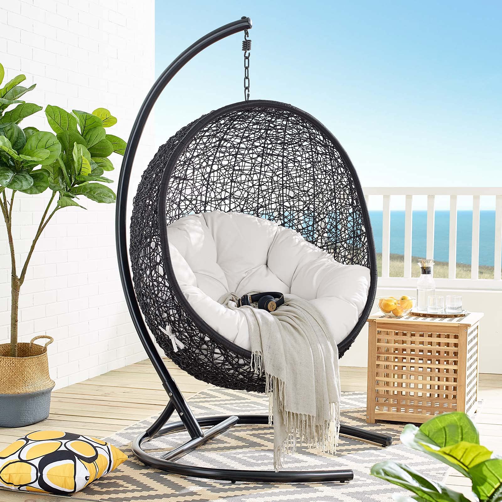 Modern Swing Lounge Chair - Black & White Outdoor Hanging Chair for Patio, Balcony, Cafe, Bistro, Garden & Hotel - Perfect for Relaxing, Lounging & Decorating Outdoor Spaces