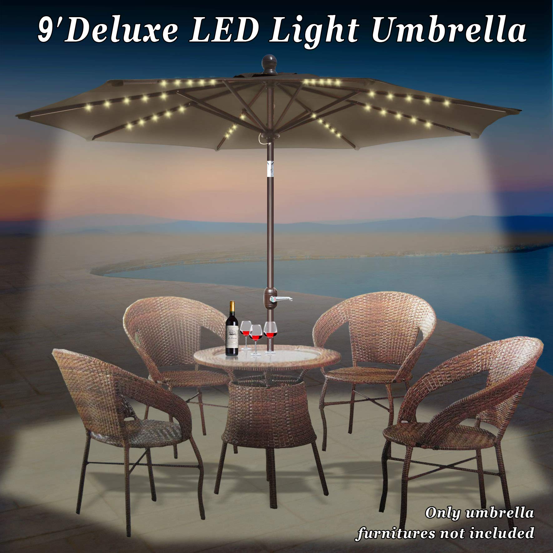 9' Strong Camel Battery Powered Patio Umbrella with Tilt Adjustment - Outdoor Market Umbrella for Garden, Poolside & Backyard (Taupe) | Weather-Resistant & Durable Shade Solution