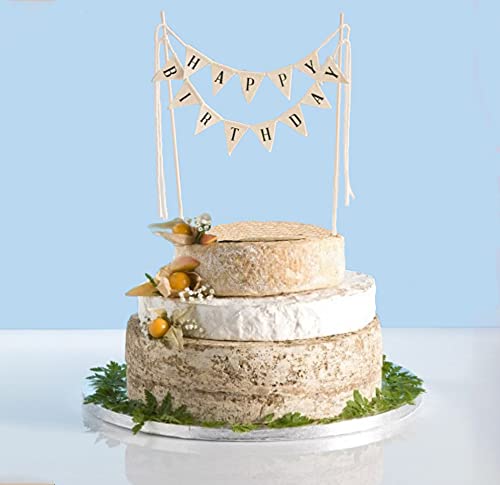 Happy Birthday Bunting Cake Topper - Handmade Rustic Pennant Flags with Wood Pole | Preassembled Decoration for Birthday Cakes, Cheesecakes & Desserts | Perfect for Parties, Weddings & Special Celebrations