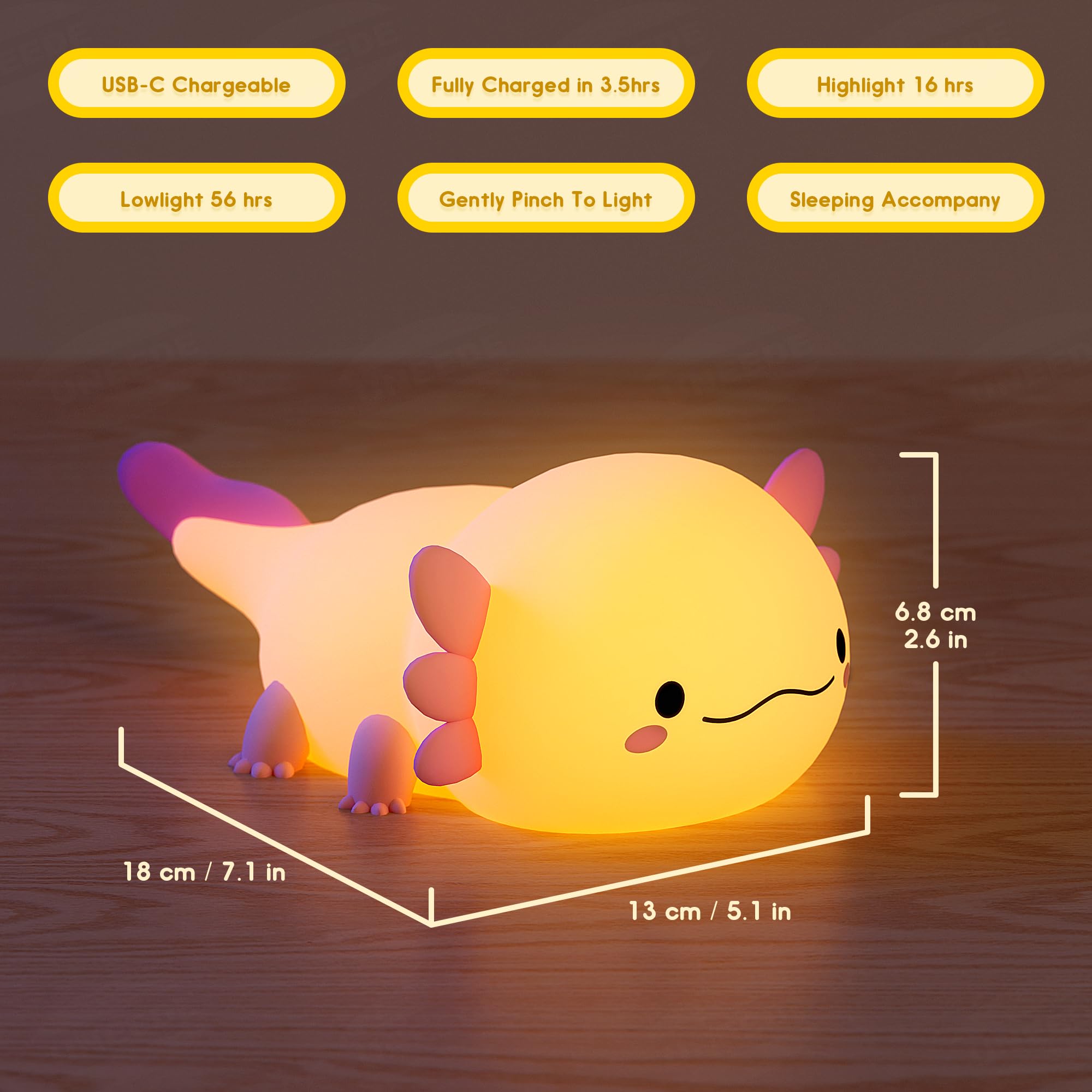 UNNEEDE Axolotl Night Light for Kids - Rechargeable Silicone Animal Nursery Lamp, Cute Bedside Table Light for Bedroom, Living Room & Desk Decor | Perfect Gift for Boys & Girls | Creates Soothing Ambiance for Sleep, Study & Relaxation