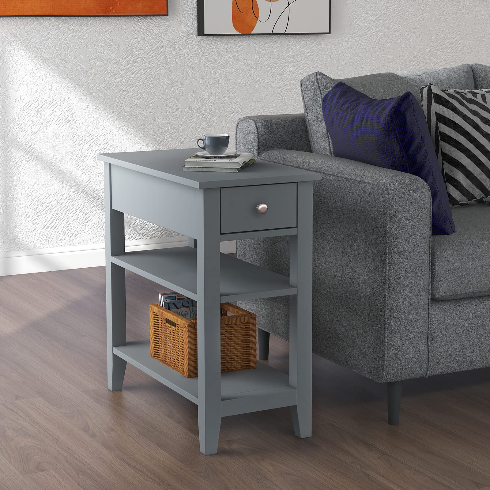 ChooChoo Narrow End Table with Drawer and Shelf - 3-Tier Sofa Side Table for Small Spaces - Gray Living Room Furniture - Perfect for Apartments, Dorms & Cozy Home Decor