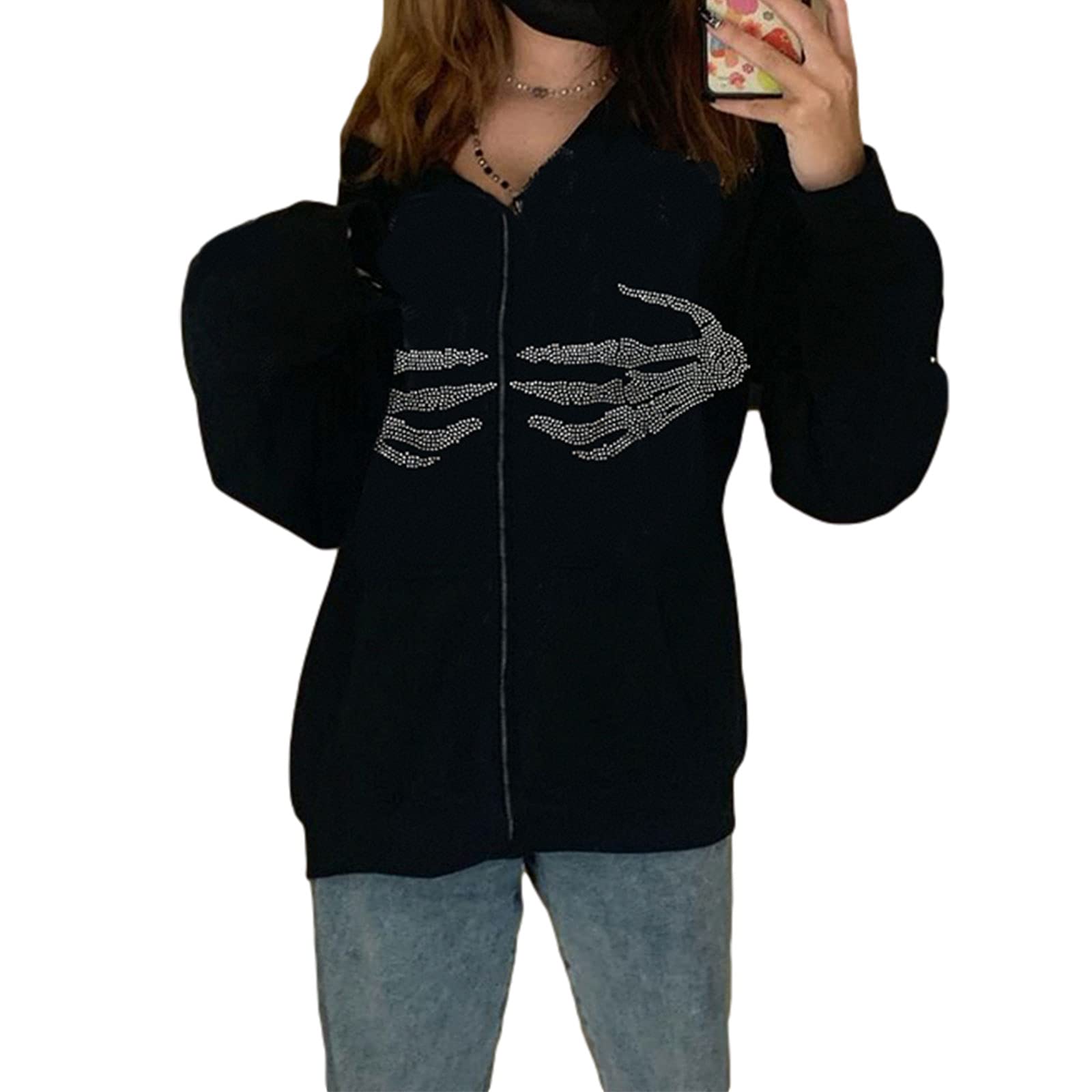 Women's Long Sleeve Printed Zipper Jacket - Loose Fit Y2K Zip Up Hoodie for Casual Wear | Vintage Halloween Hooded Sweatshirt for Streetwear & Fall Fashion