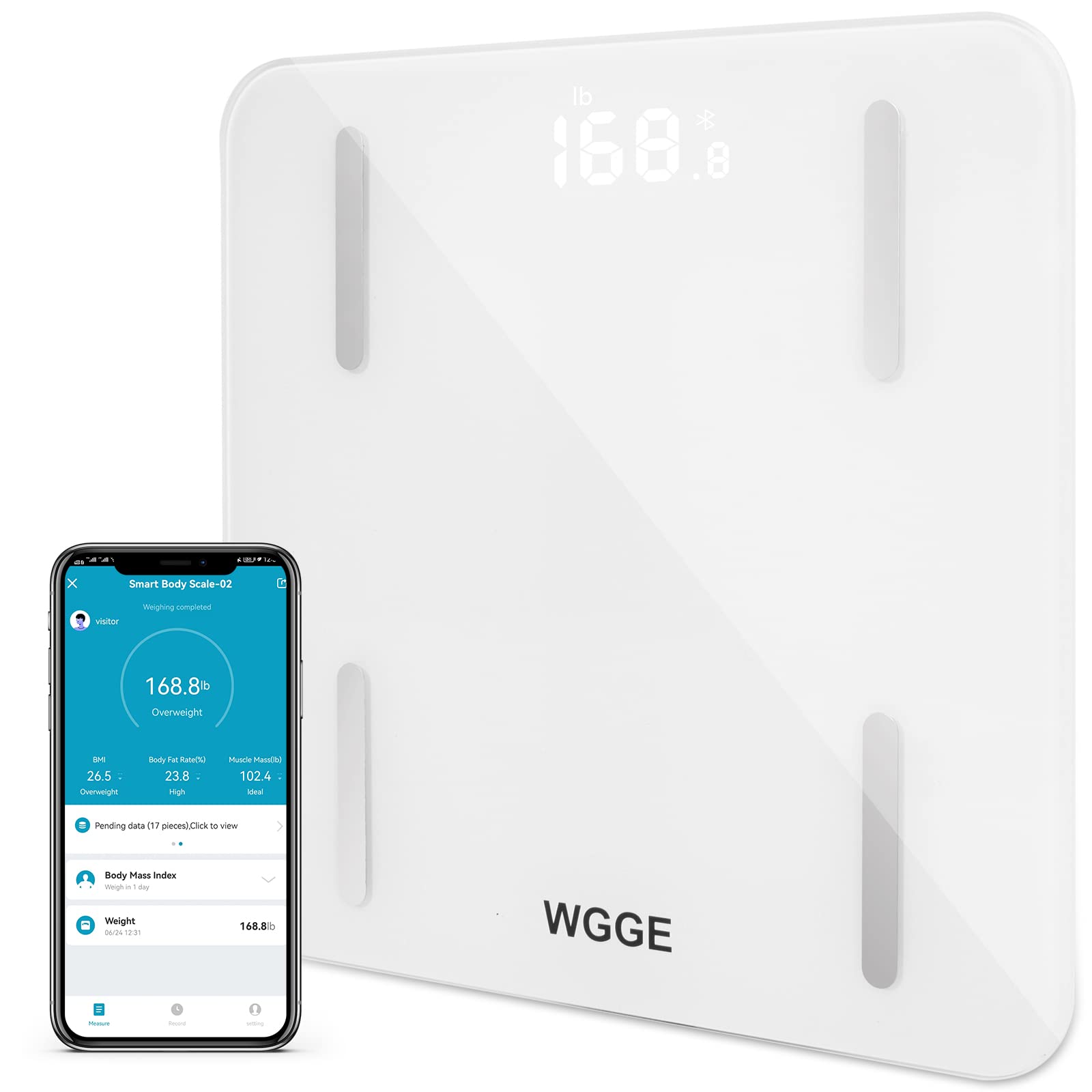 WGGE Smart Digital Bathroom Scale - Highly Accurate Body Fat & BMI Scale with Bluetooth Connectivity for Smartphone App, Measures Weight, Body Composition (400 lbs/180 kg) - Perfect for Home Gym, Weight Loss Tracking & Health Monitoring
