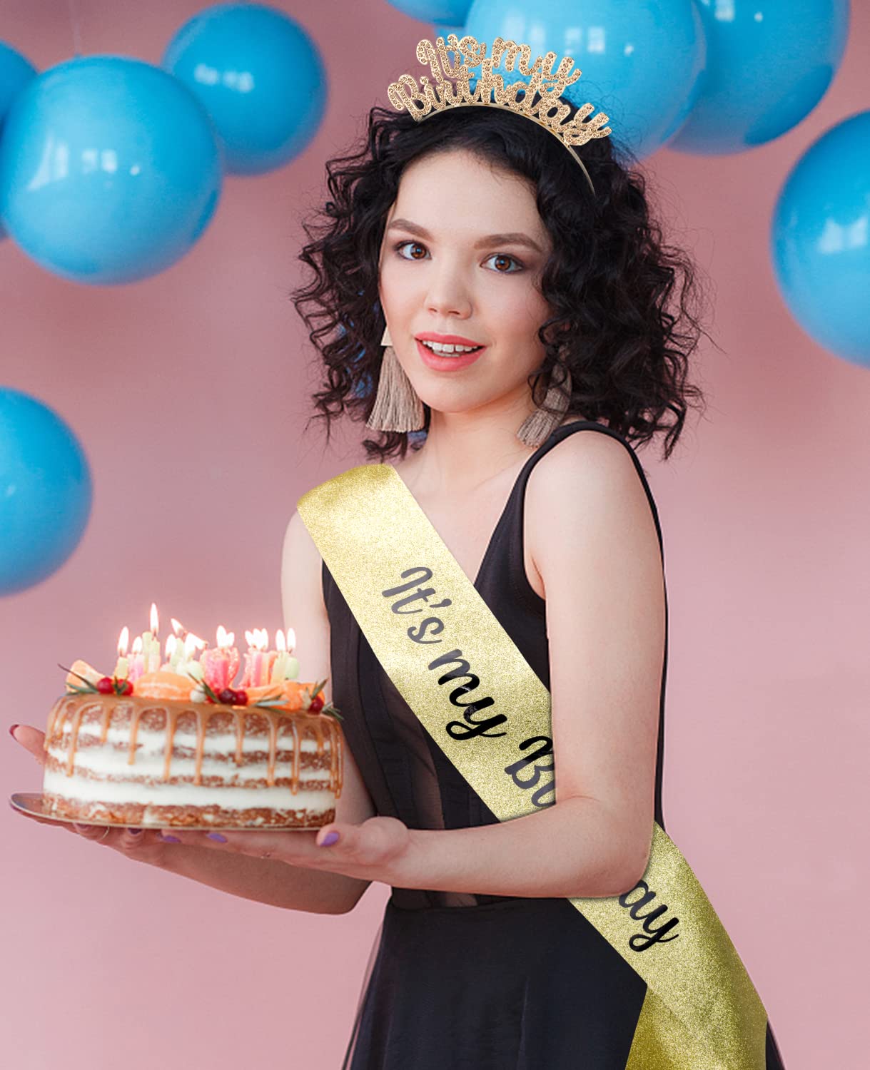 Birthday Crown for Girls & Women - Cute Birthday Tiara, Sash & Headband Set - Champagne Birthday Party Decorations & Gifts - Perfect for Birthday Celebrations, Princess Parties & Special Occasions
