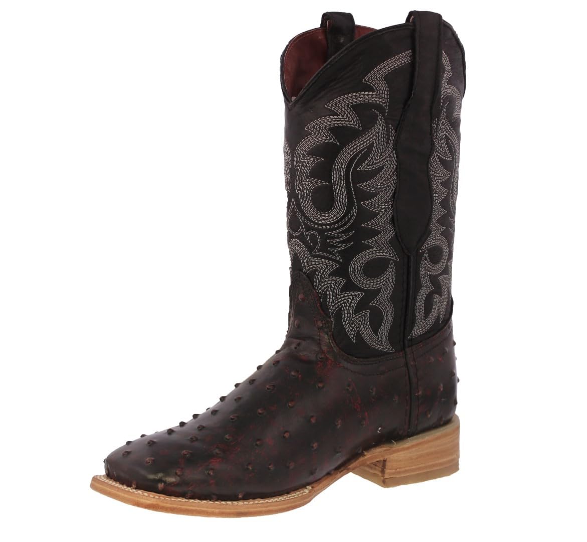 Texas Legacy Men's Black Cherry Western Leather Cowboy Boots with Ostrich Quill Print - Stylish Rodeo & Country Fashion for Western Enthusiasts