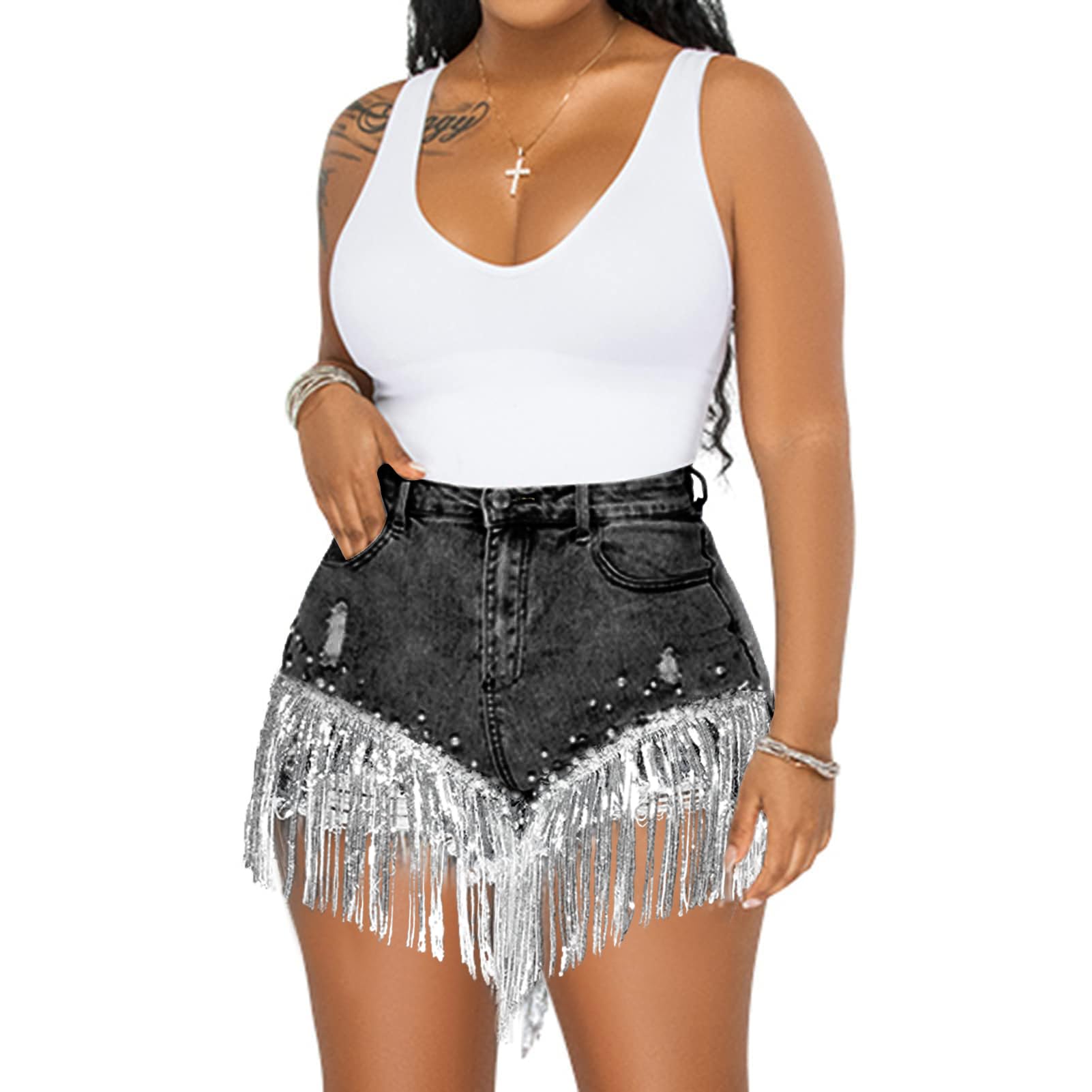 CYLADY Women's High Waisted Ripped Denim Shorts with Frayed Raw Hem & Tassels - Trendy Distressed Jean Shorts for Summer Outfits, Beach Vacations and Casual Street Style