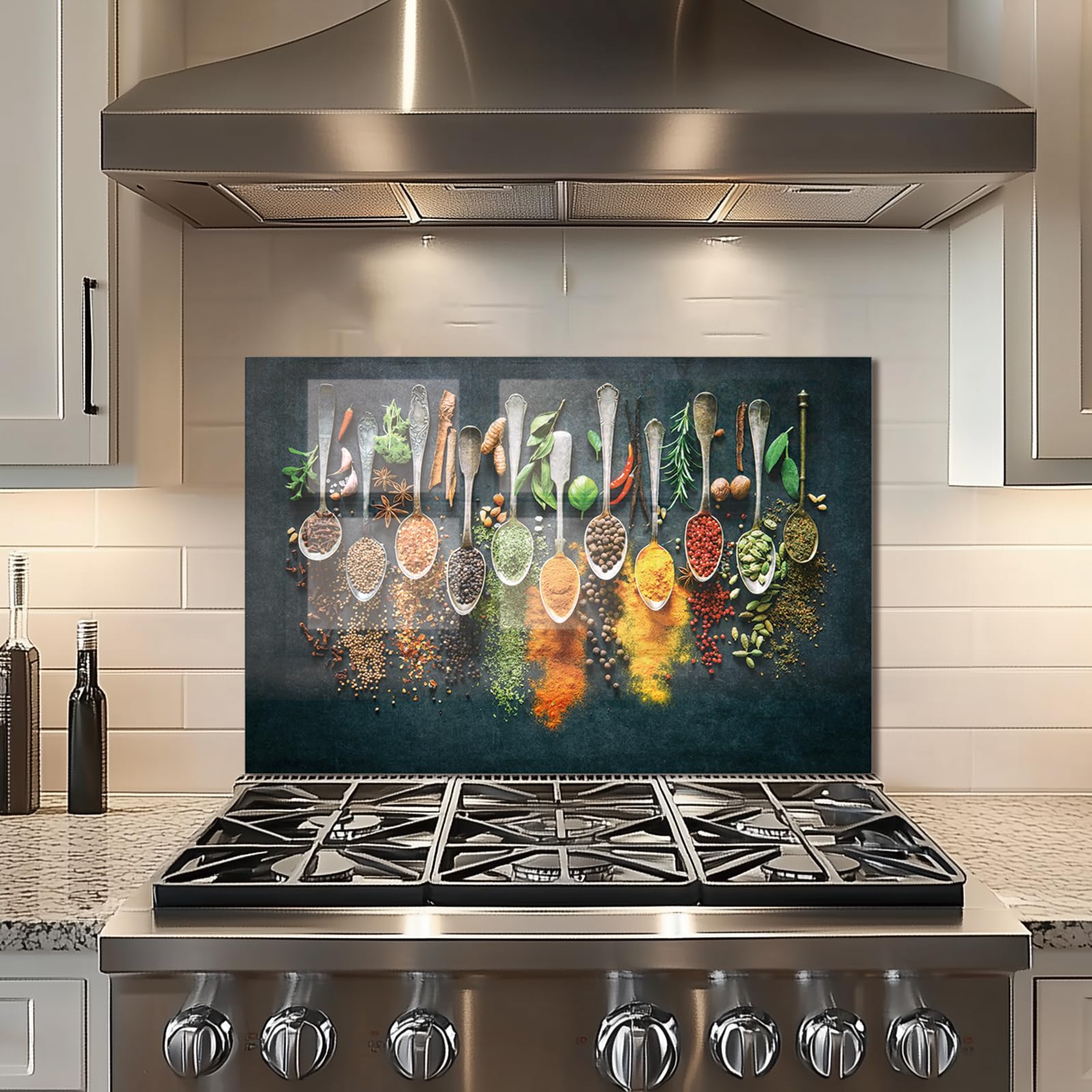 Premium Tempered Glass Kitchen Backsplash - Spice Design Stove Splashback, Easy to Clean Wall Decoration for Modern Kitchens (35.43