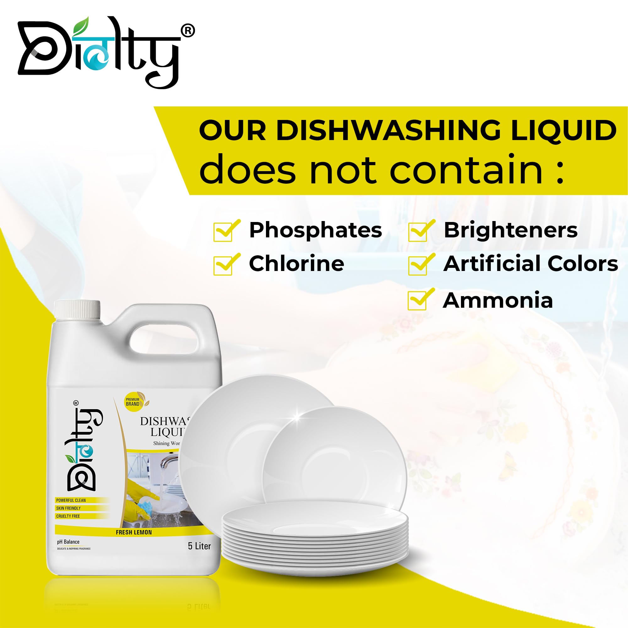 Diolty Dishwashing Liquid Gel 5L with Lime & Basil Fragrance - No Residue, Powerful Cleaning - Perfect for Kitchen, Restaurant & Home Use