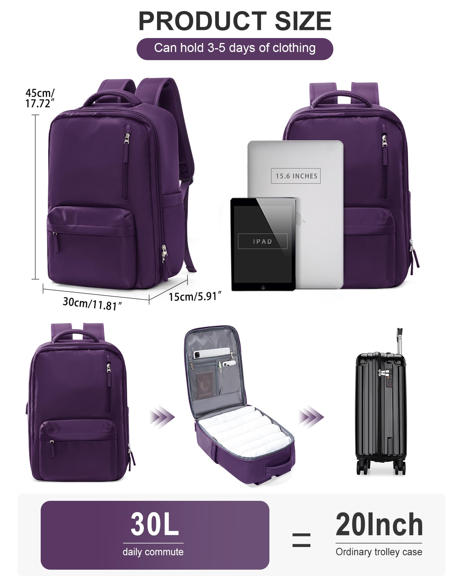 TSA Approved Travel Backpack for Women - Airplane Carry On Personal Item Size Laptop Backpack for Work, College & Business Travel - Water Resistant Dark Purple Backpack for Commuting & Weekend Getaways