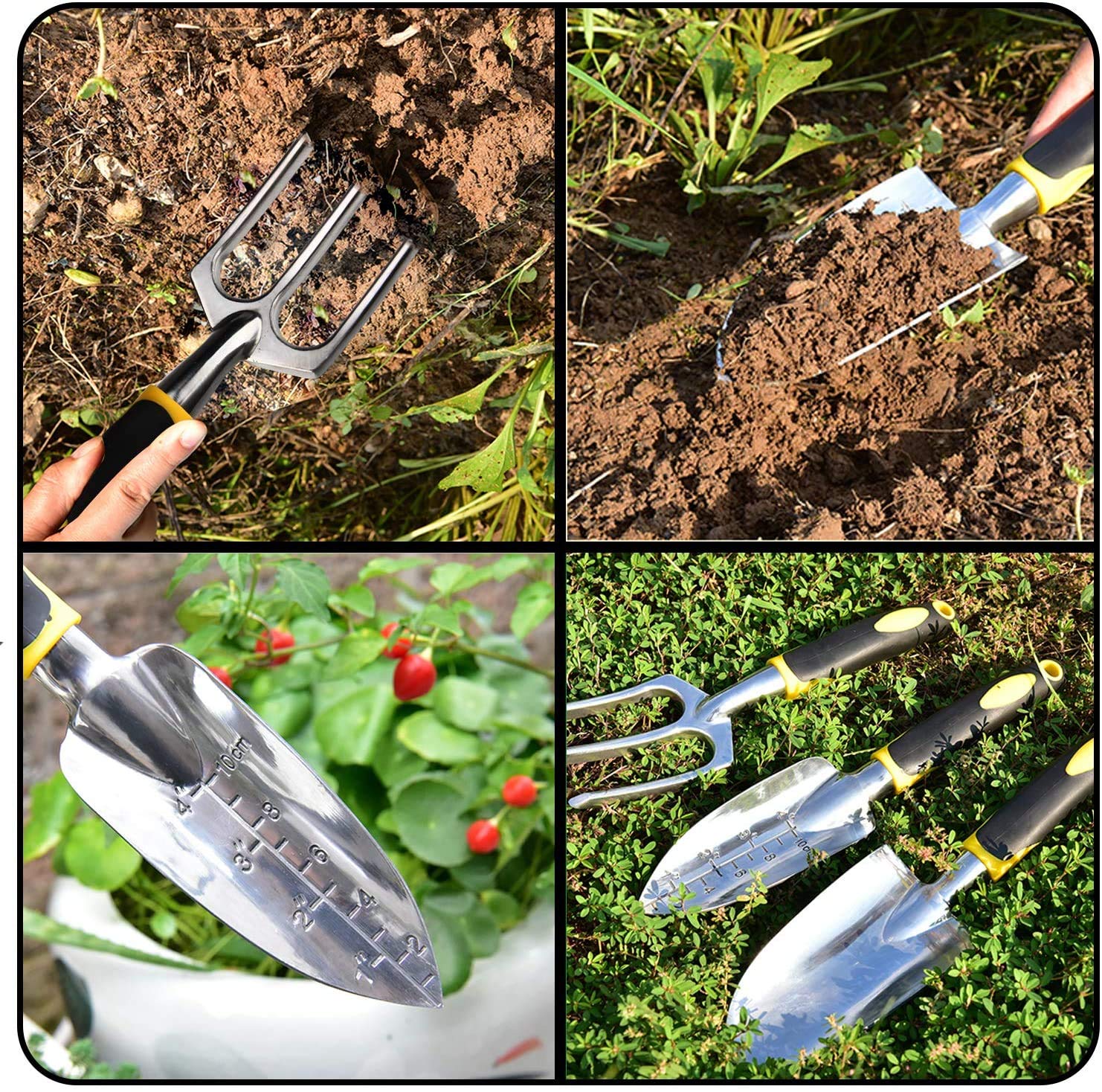 Premium 3-Piece Garden Tool Set - Aluminum Alloy Hand Trowel, Transplanting Trowel & Cultivator for Digging, Planting & Weeding | Durable Gardening Supplies with Ergonomic Handle (Yellow) | Ideal for Home Gardens, Flower Beds & Container Planting
