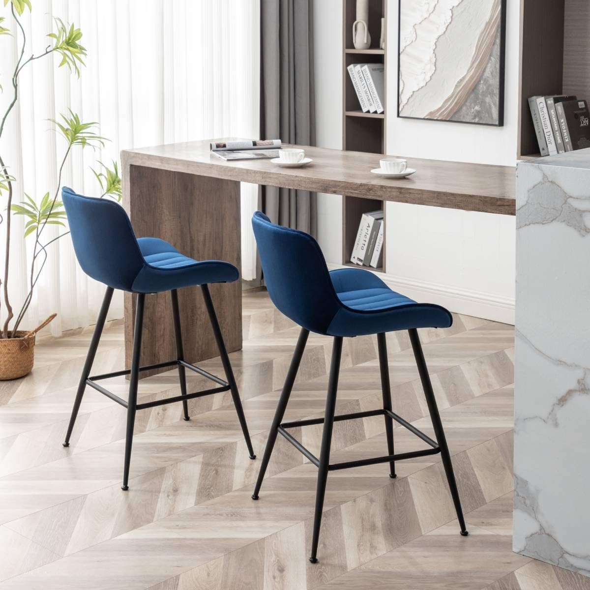 Luxury Bar Stools Set of 2 - 24 Inch Counter Height Upholstered Velvet Barstools for Kitchen Island, Home Bar & Pub | Blue Velvet Bar Chairs for Dining, Entertaining & Modern Decor
