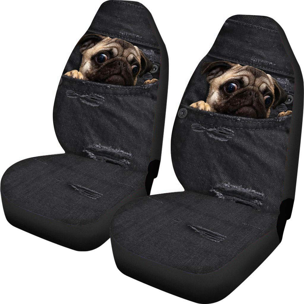 BIGCARJOB 2-Pack Universal Car Seat Covers with Pug Print - Durable Front Seat Protectors, Saddle Blanket Style - Perfect for Pet Lovers & Car Decor (Fits Most Vehicles) - Great for Road Trips, Daily Commute & Protecting Seats from Pets