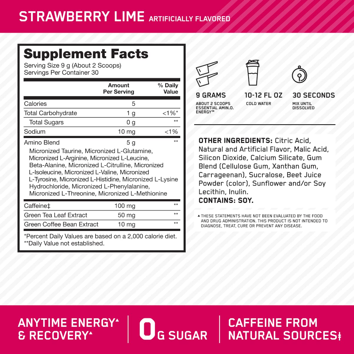 Optimum Nutrition Amino Energy Pre Workout Powder - Keto Friendly with Green Tea, BCAA, Amino Acids & Green Coffee Extract - Strawberry Lime Flavor (30 Servings) | Boost Energy & Performance for Gym, Running & Fitness Training