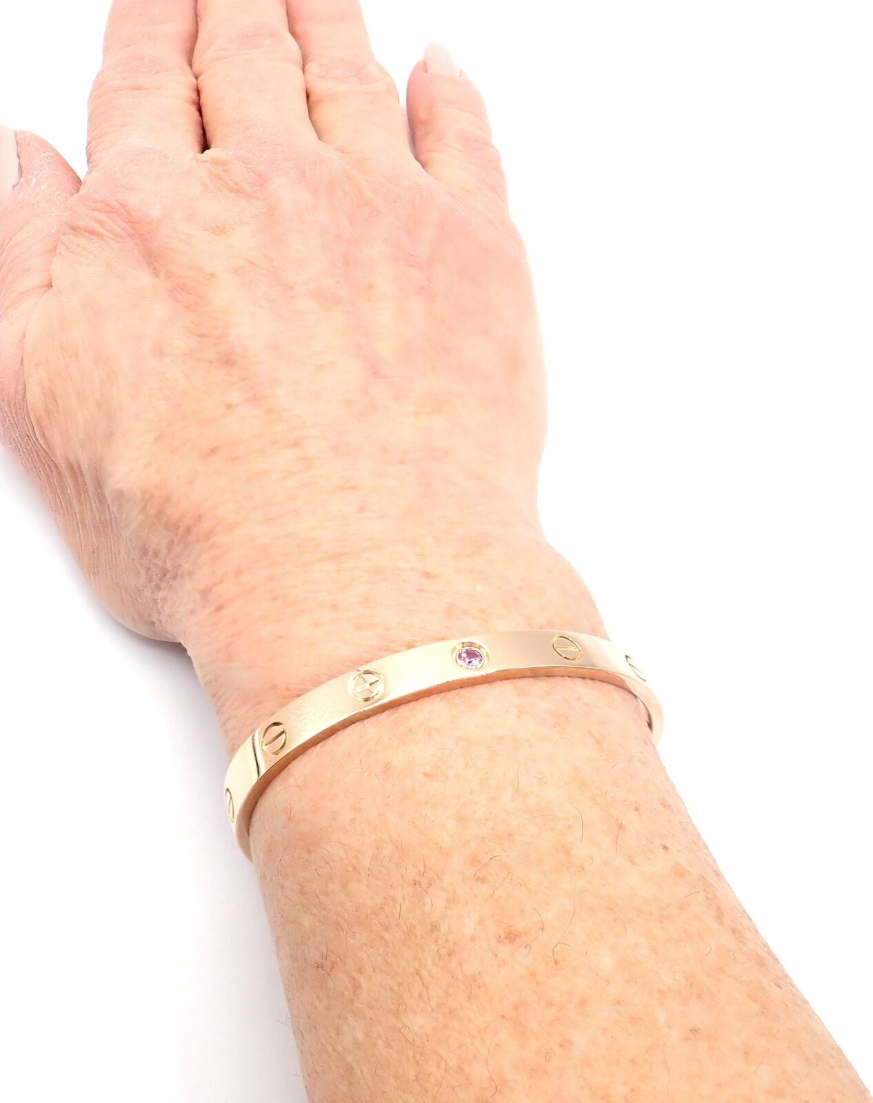 Authentic Cartier 18K Rose Gold Pink Sapphire Love Cuff Open Bracelet - Size 16 - Luxury Jewelry Gift for Women, Perfect for Anniversaries, Valentine's Day & Special Occasions