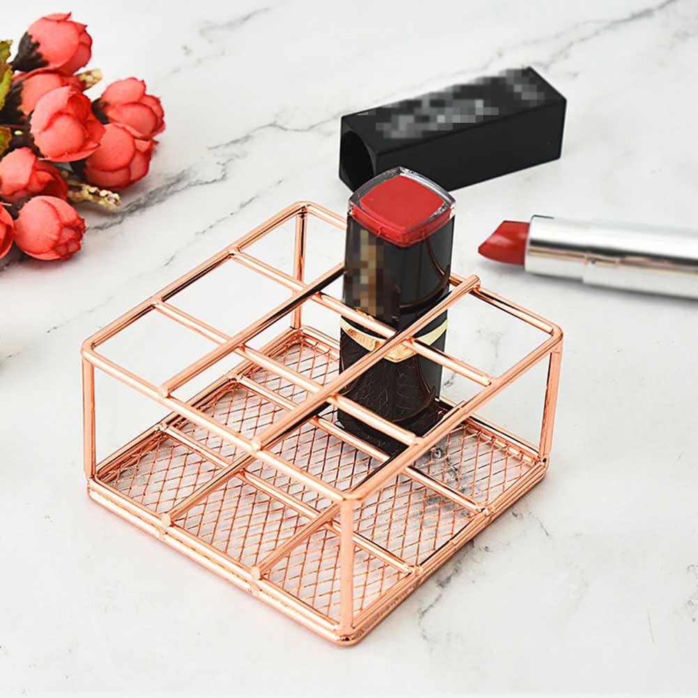 Teensery 9-Slot Metal Wire Lipstick Organizer - Rose Gold Lip Gloss & Makeup Brush Display Stand for Cosmetics | Perfect for Vanity, Dresser & Bathroom Organization (1 Piece)