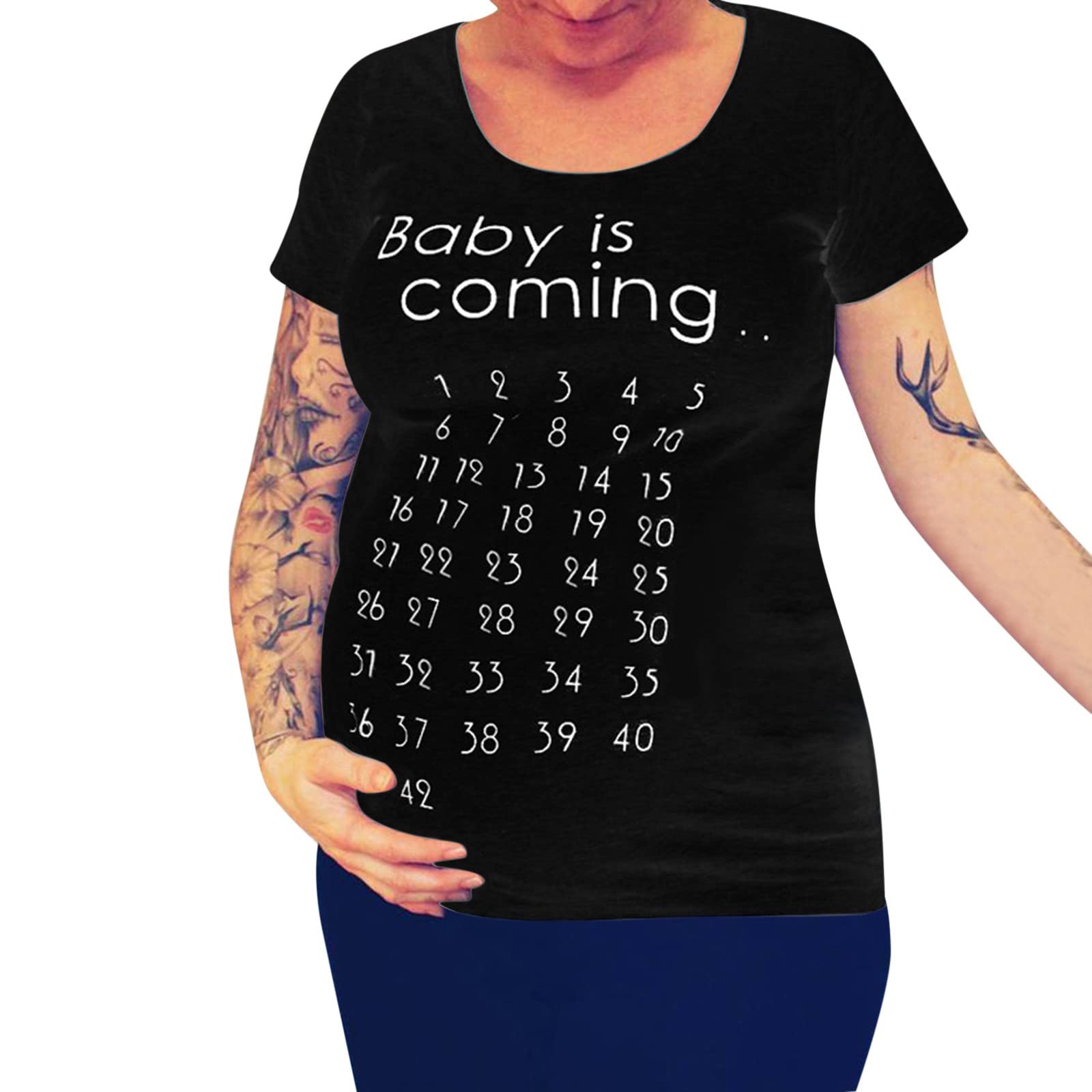 Women's Maternity T-Shirt - Short Sleeve Crew Neck Letter Print Pregnancy Top in Navy Blue | Comfortable & Stylish for Everyday Wear, Work & Nursing