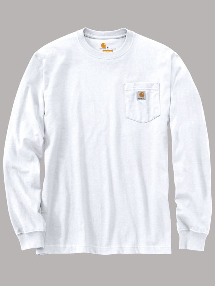 Carhartt K126 WHT Men's Loose Fit Heavyweight Long Sleeve Work Shirt with Chest Pocket - White - Durable Cotton for Construction, Farming & Outdoor Workwear