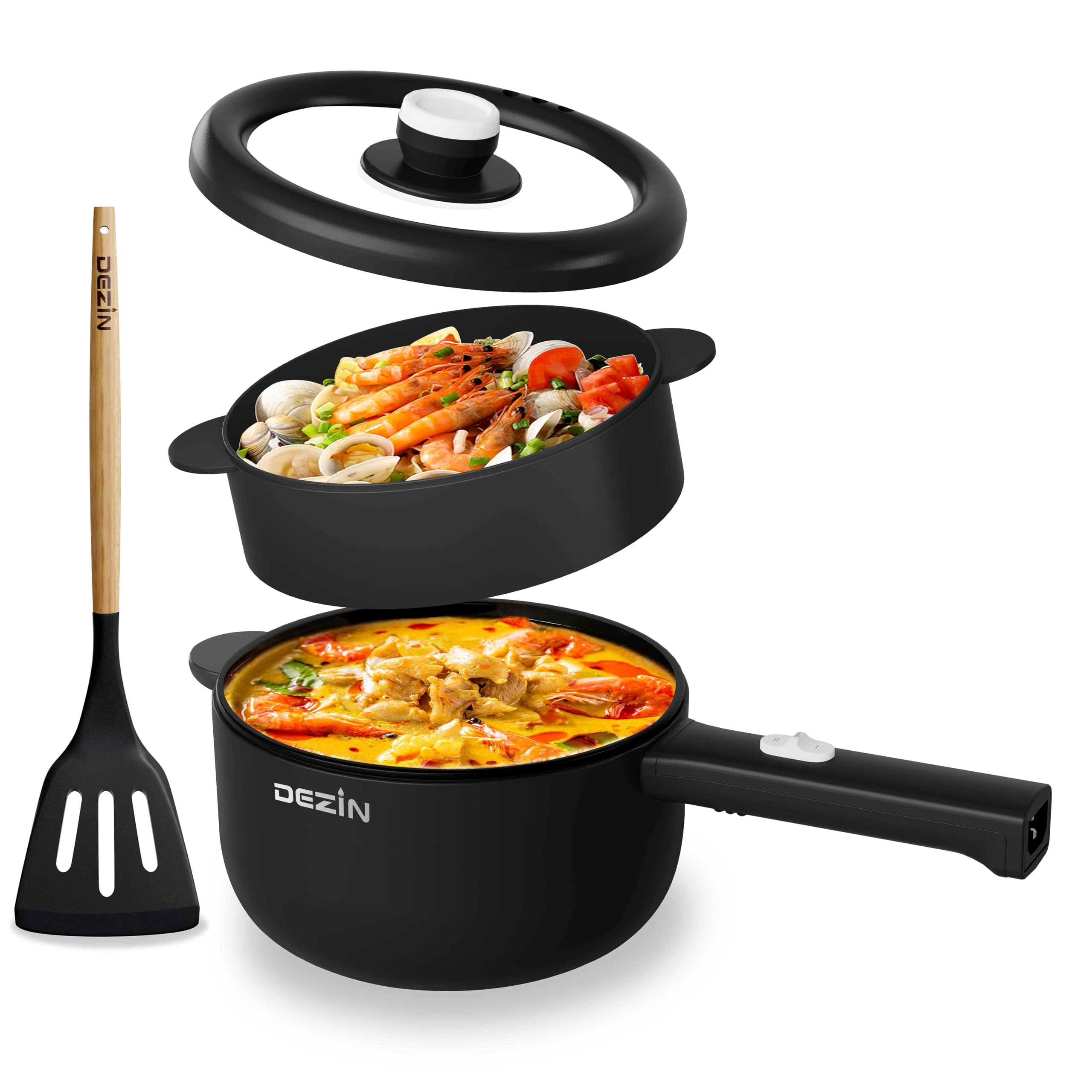 Dezin 2L Electric Cooker with Non-Stick Sauté Pan - Adjustable Temperature Mini Pot for Cooking Steak, Eggs, Fried Rice, Ramen, Oatmeal & Soup | Perfect for College Dorms, Small Kitchens & Quick Meals (Includes Egg Rack)