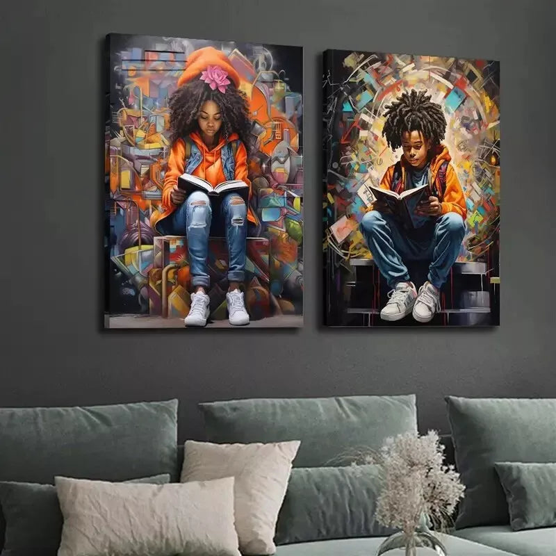 2pcs African Children Book Theme Framed Wall Art - 50x75cm High Quality Canvas Print | 100% Australian Made | Ready to Hang | Perfect for Nursery, Kids Room & Classroom Decor