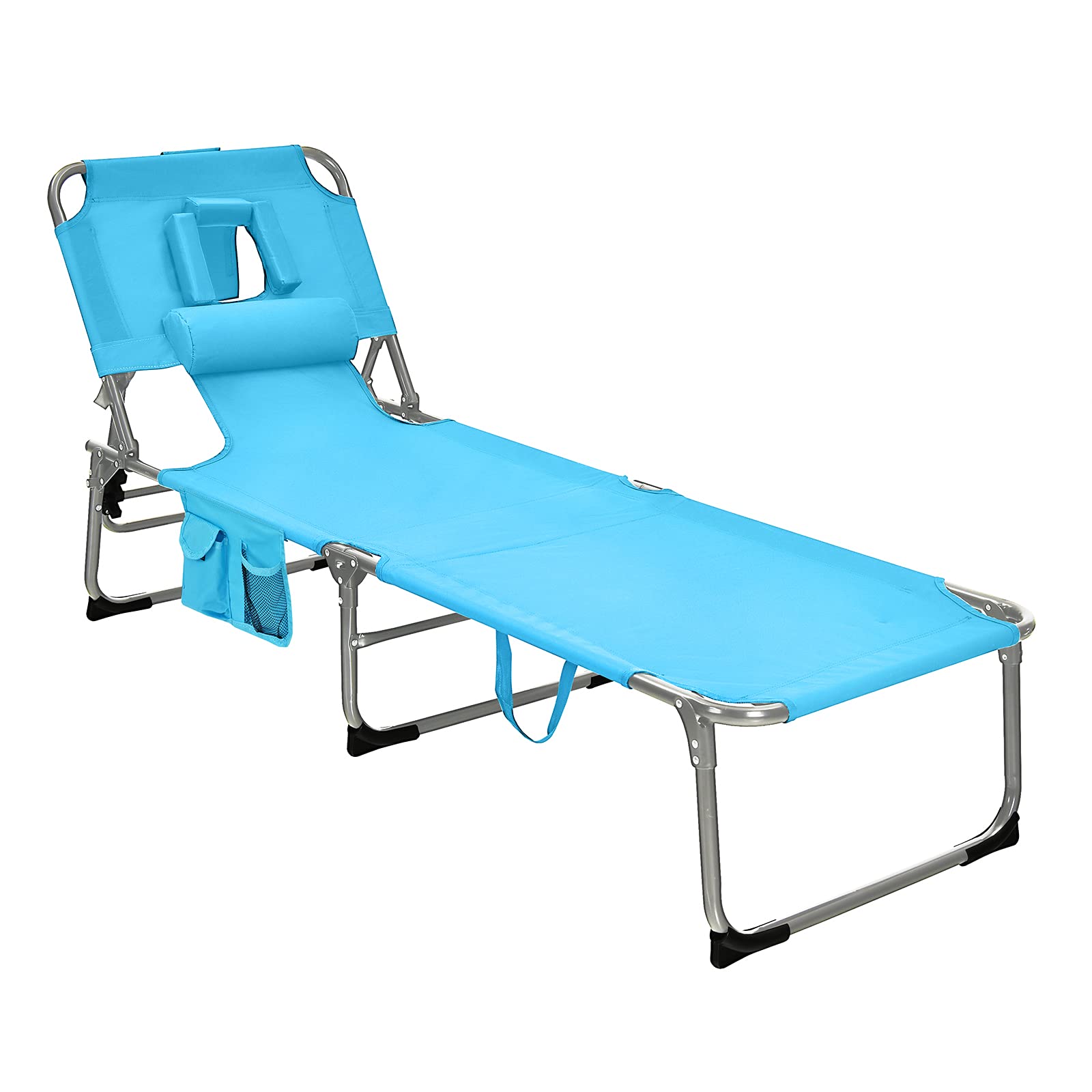 GYMAX Folding Tanning Chair with Adjustable Backrest - Portable Beach Lounger with Face Hole, Arm Holes, Side Pocket & Carry Handle - Outdoor Sunbathing Chair for Patio, Pool, Beach & Backyard Relaxation (Turquoise)