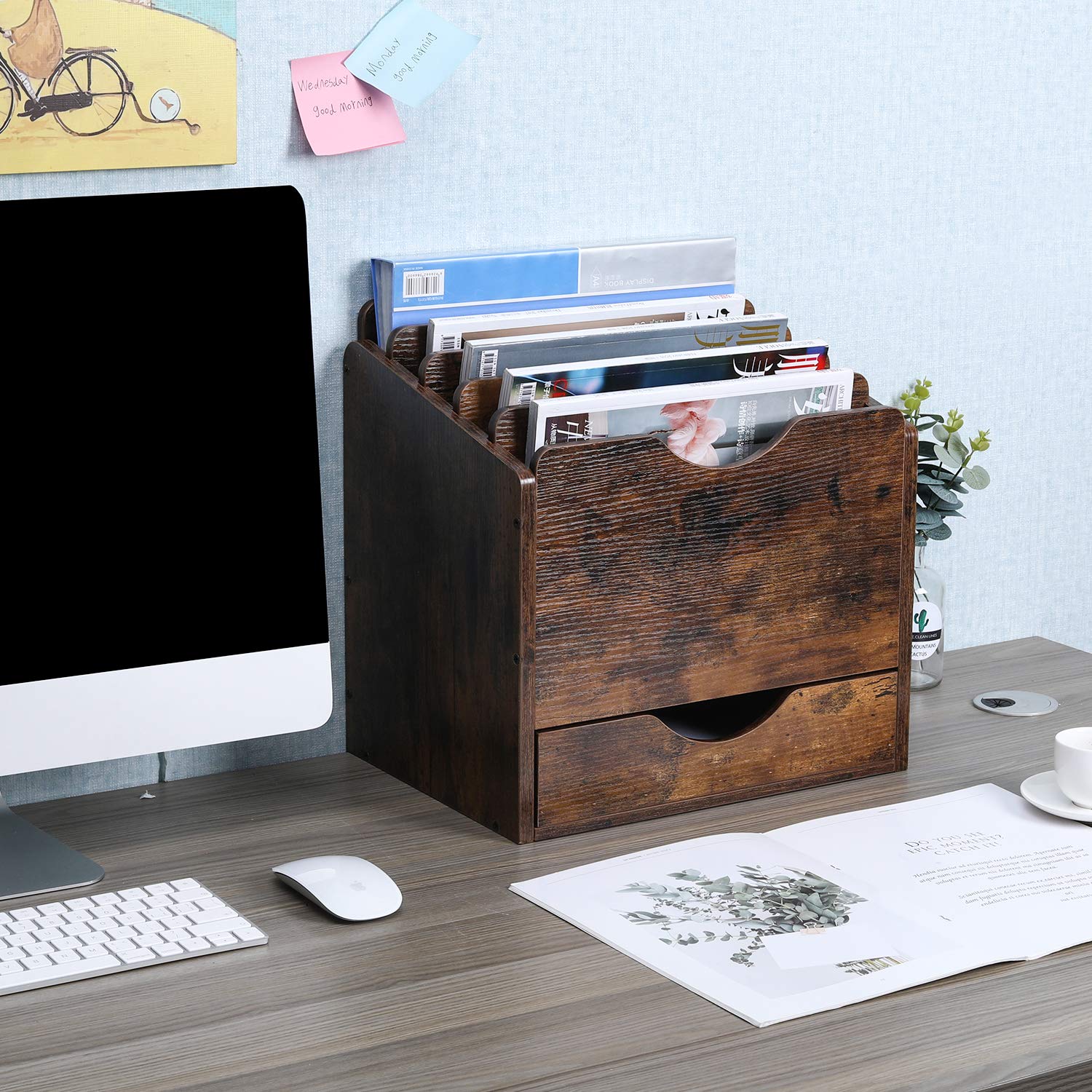 Wooden Desktop File Organizer with Drawer - 6 Compartment Mail Sorter for Folders, Letters, Envelopes & Magazines - Antique Brown Office Supply for Home & Workspace Organization