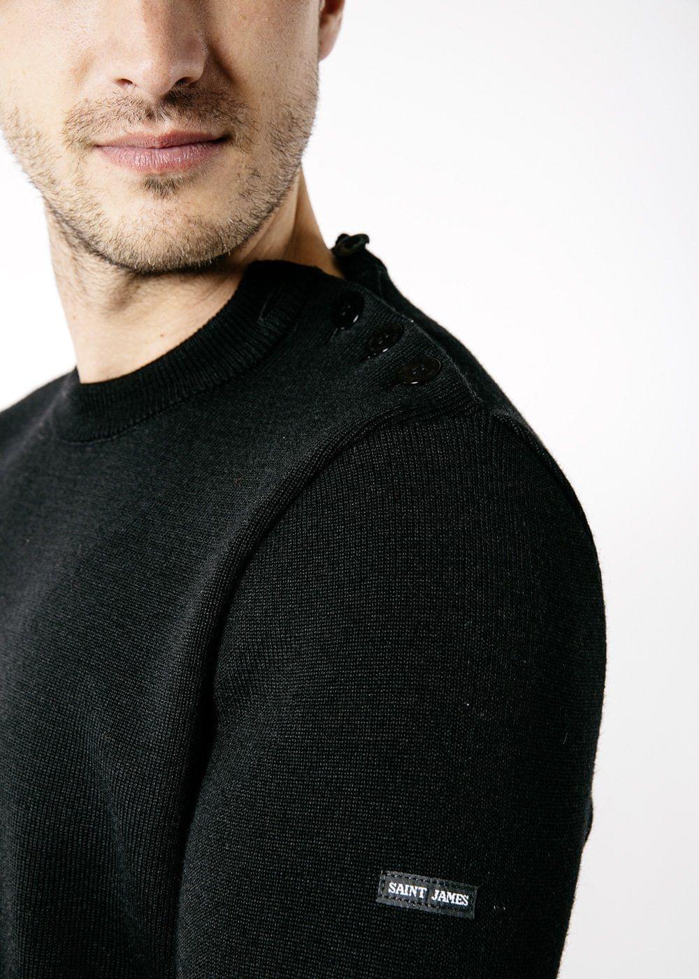 CANCALE Wool Fisherman Sweater with Button Shoulder - Loose Fit Crewneck Pullover for Men & Women | Warm Knit Jumper for Fall Winter | Casual Outfit, Outdoor Activities (Black)