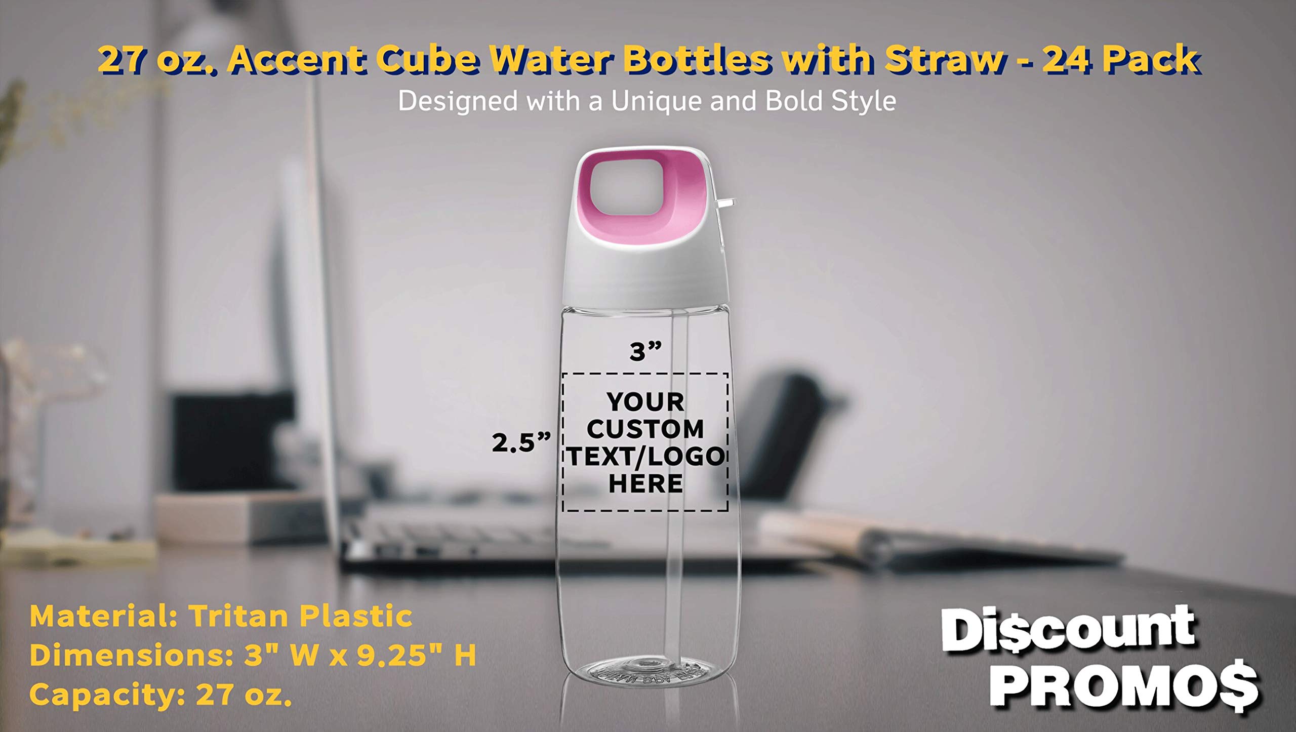 24 Pack 27 oz Plastic Water Bottles with Straw - Customizable Text & Logo - BPA Free Tritan Material - Accent Cube Design in Pink - Perfect for Schools, Gyms, Offices and Outdoor Activities